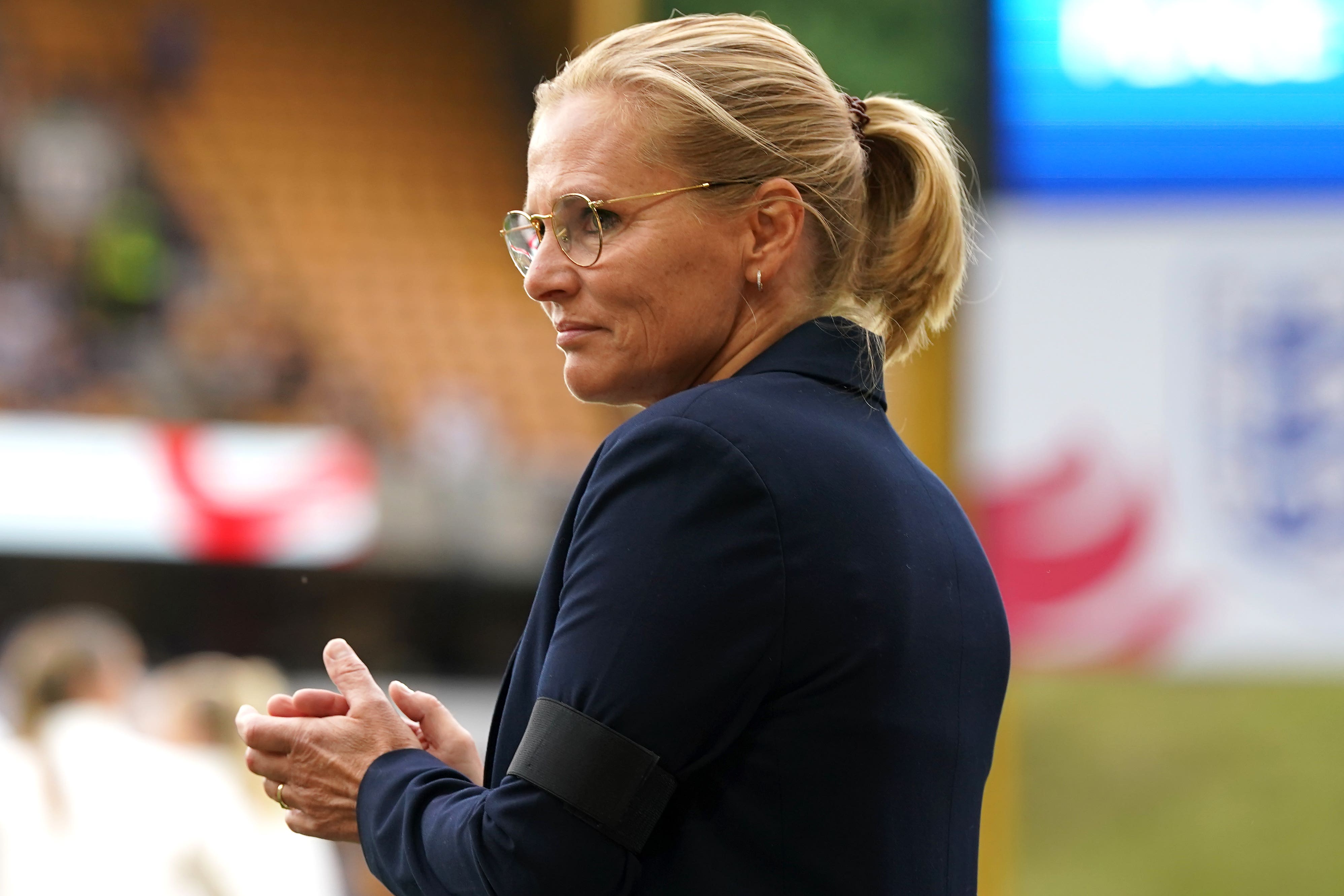 Sarina Wiegman wore a black armband in memory of her sister at a friendly against Belgium last summer (Nick Potts/PA)