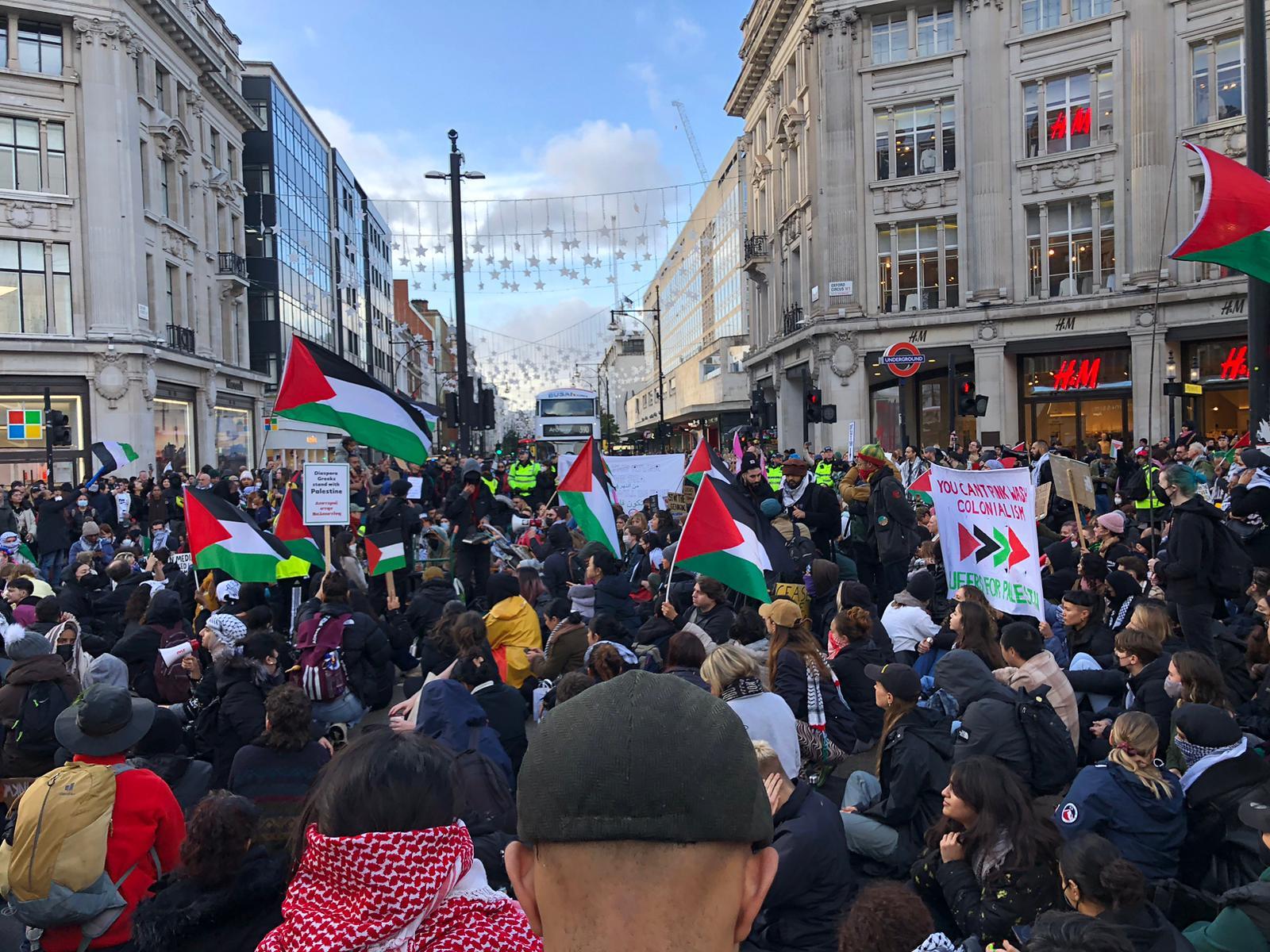 A huge crowd descended on Oxford Circus at midday on Saturday, with protesters stopping at the junction with Regent Street