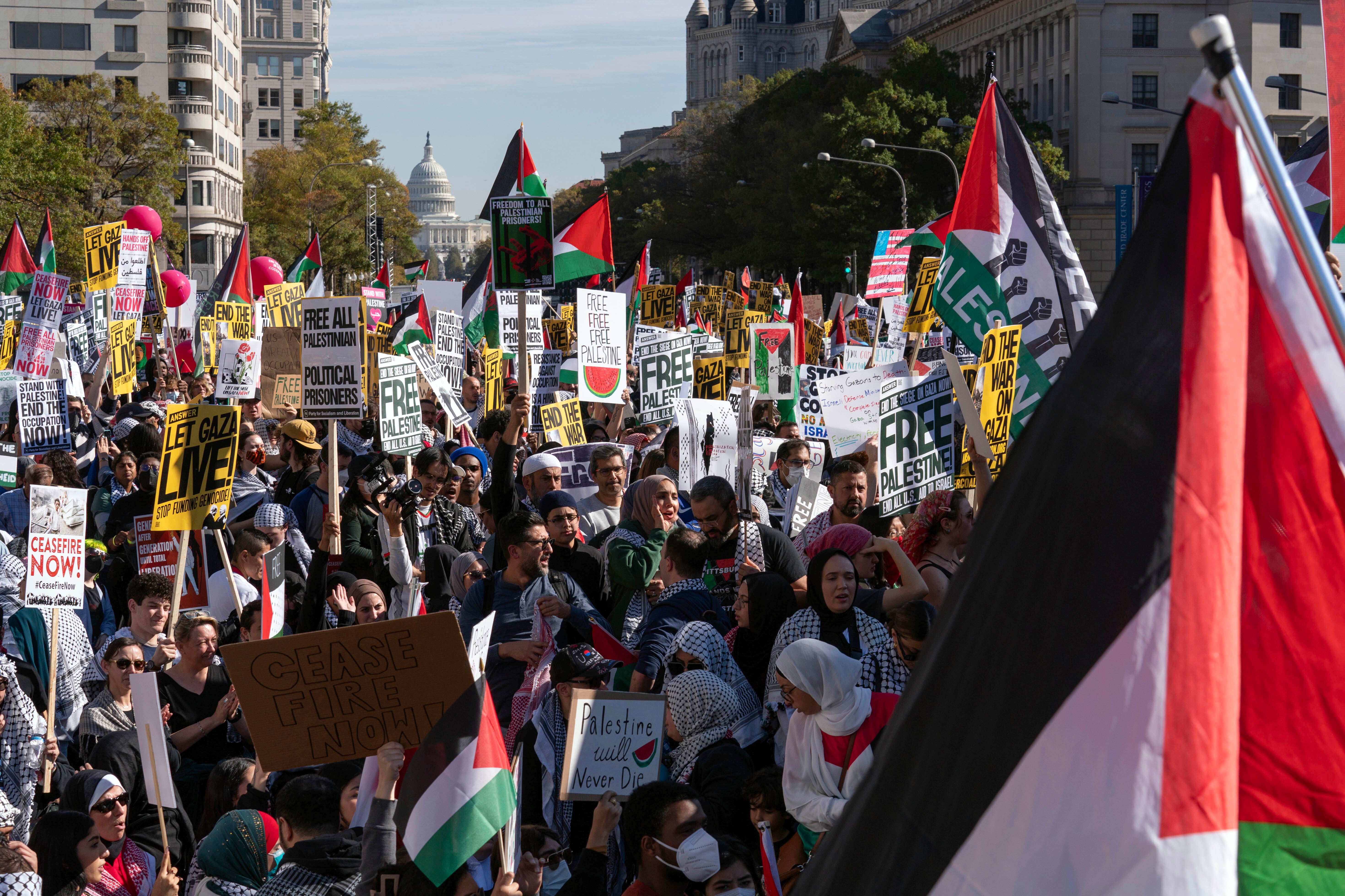 With the U.S Capitol in the background, thousands of protesters rally during a pro-Palestinian demonstration at Freedom Plaza in Washington, Saturday, Nov. 4, 2023