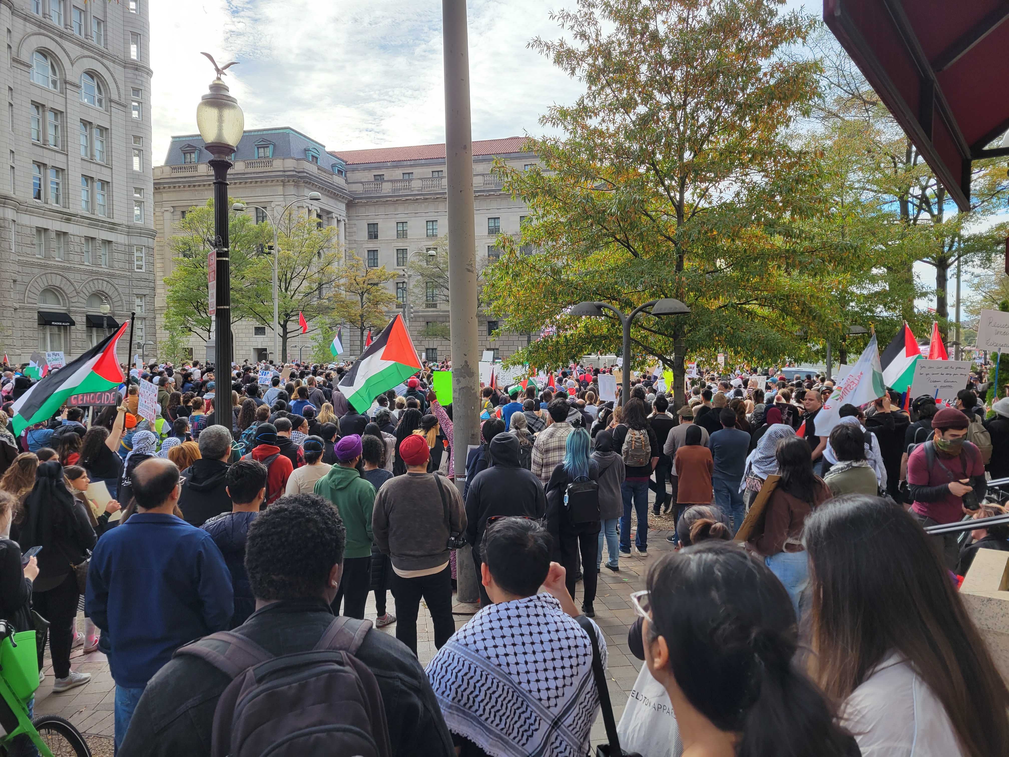 Rally attendees listen to a speech in downtown Washington, DC