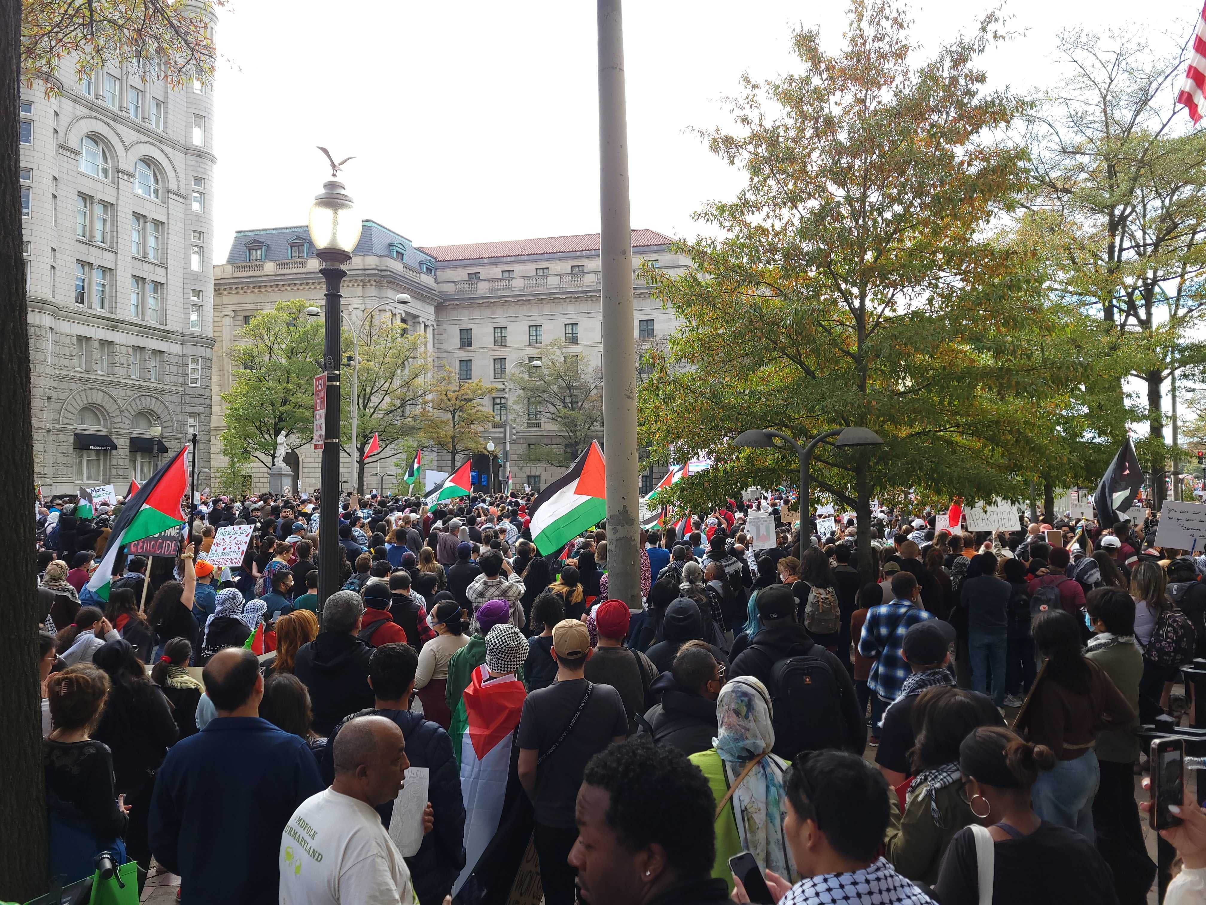 Rally attendees listen to a speech in downtown Washington, DC