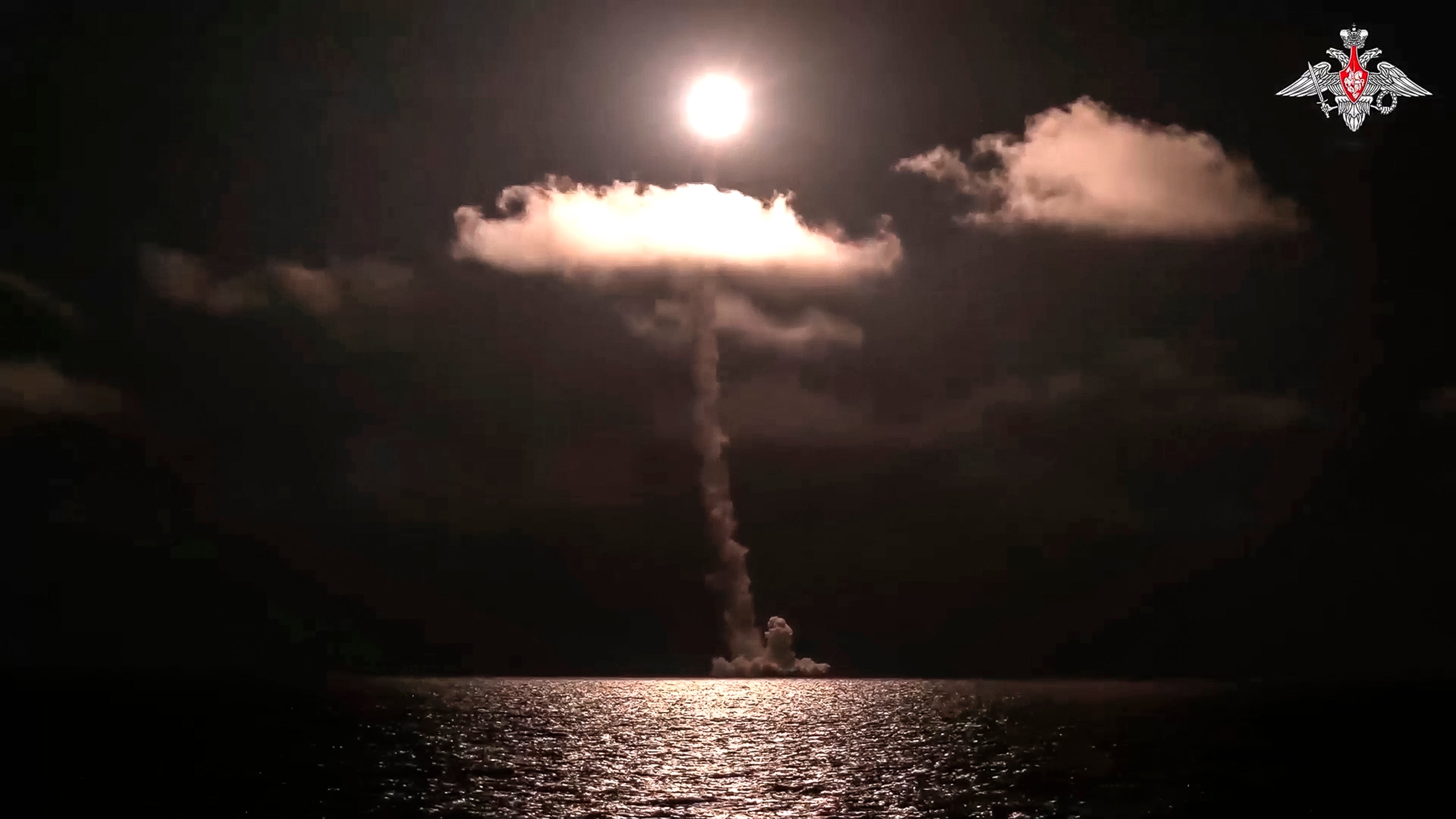 The Emperor Alexander III nuclear submarine of the Russia navy test-fires a Bulava intercontinental ballistic missile