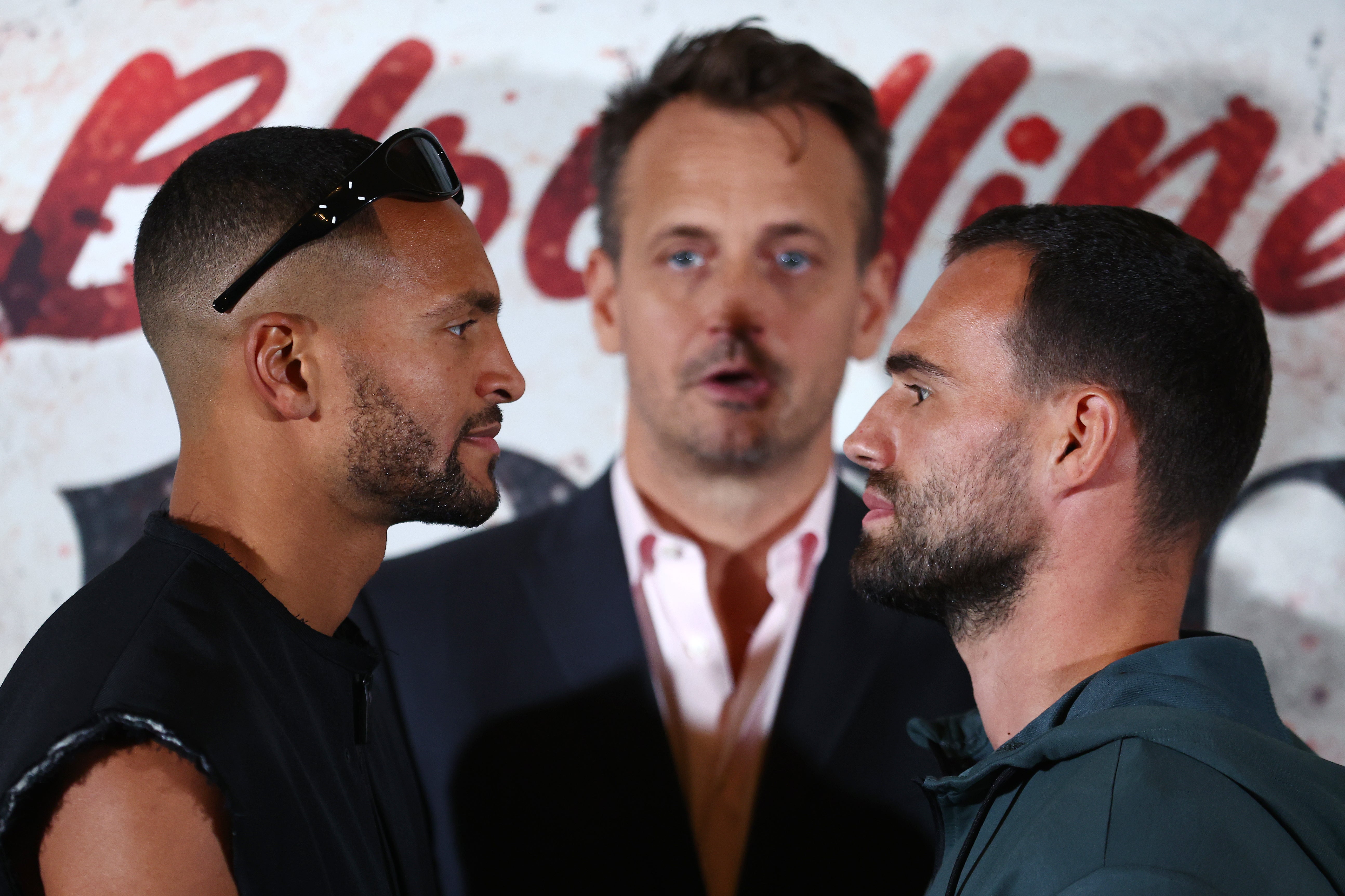 Harlem faces off with Timo Schwarzkopf ahead of their bout in Brighton