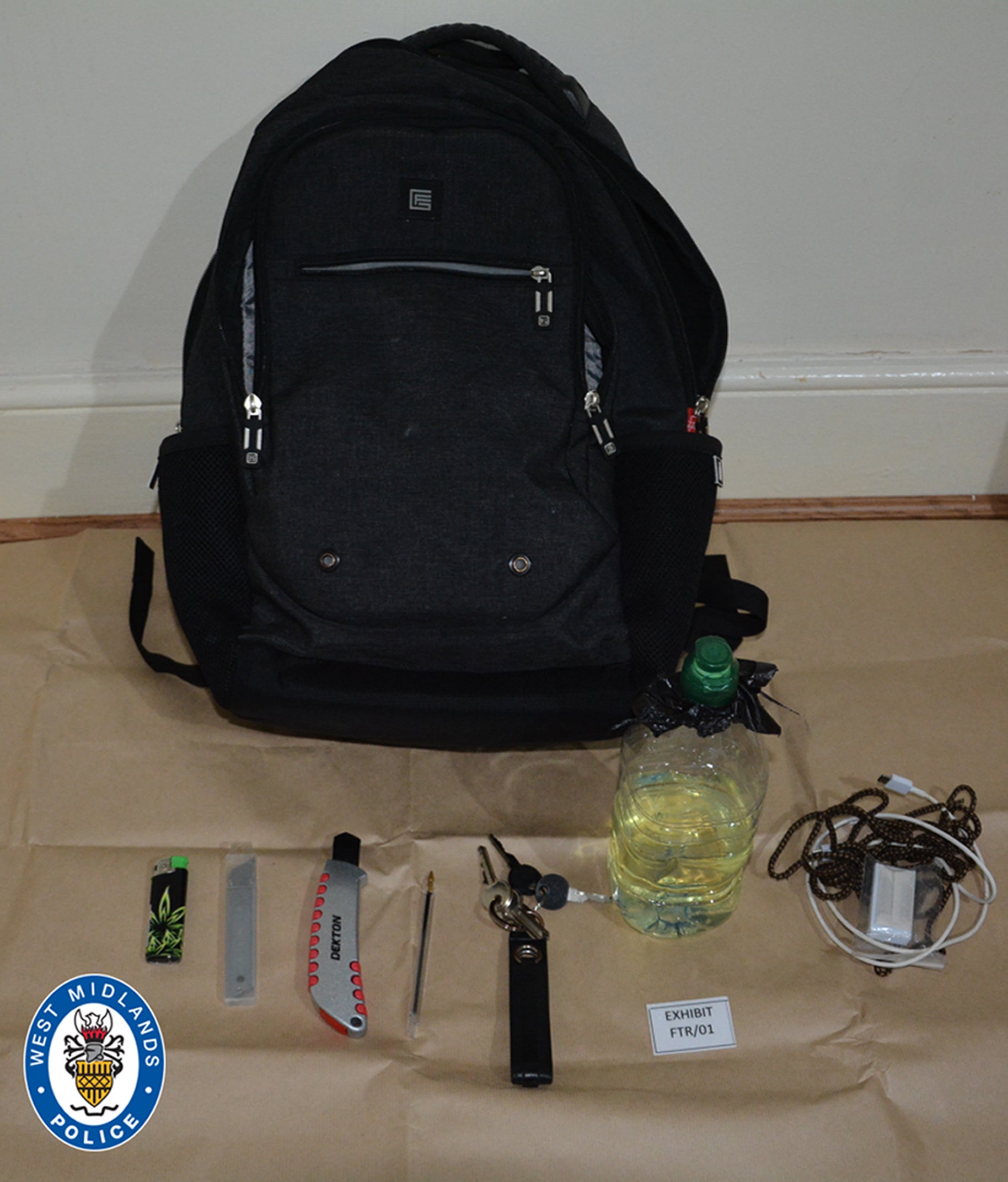 A bag recovered from the address of Mohammed Abbkr with implements that could be used to start a fire