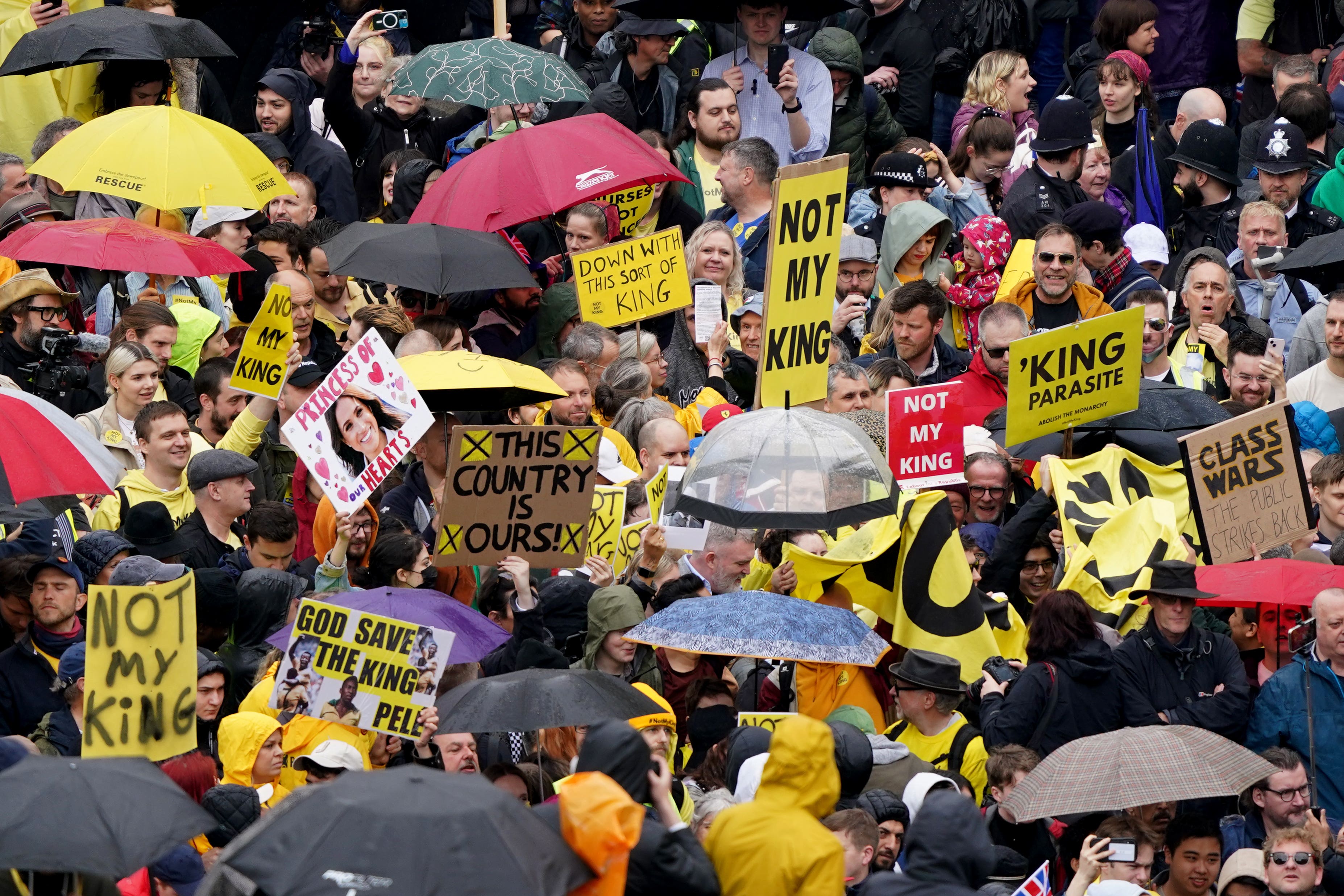 Protesters near Trafalgar Square ahead of the coronation ceremony (Gareth Fuller/PA)