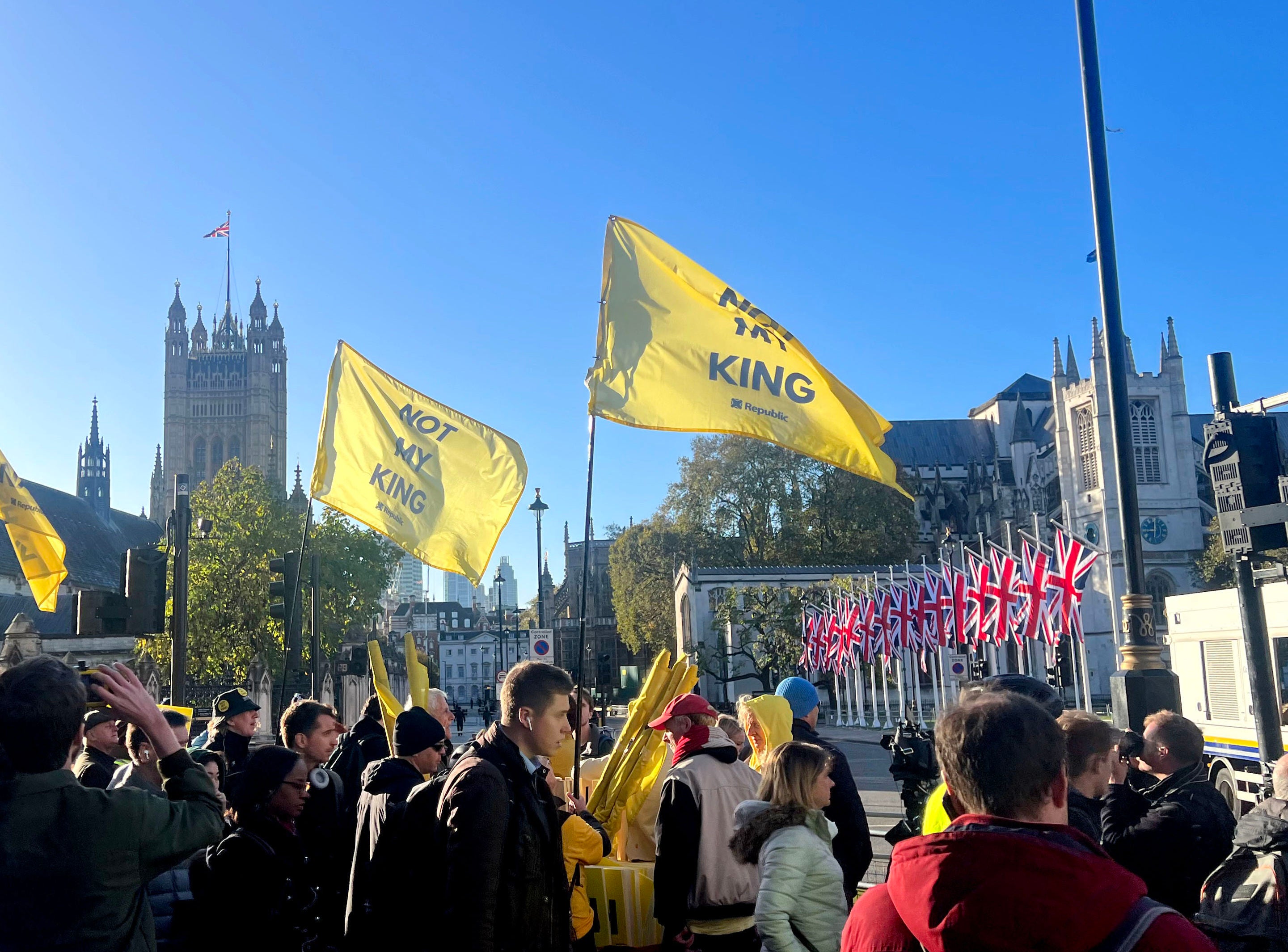 Anti-Monarchy pressure group Republic fly "Not My King" flags in protest outside the Palace of Westminster