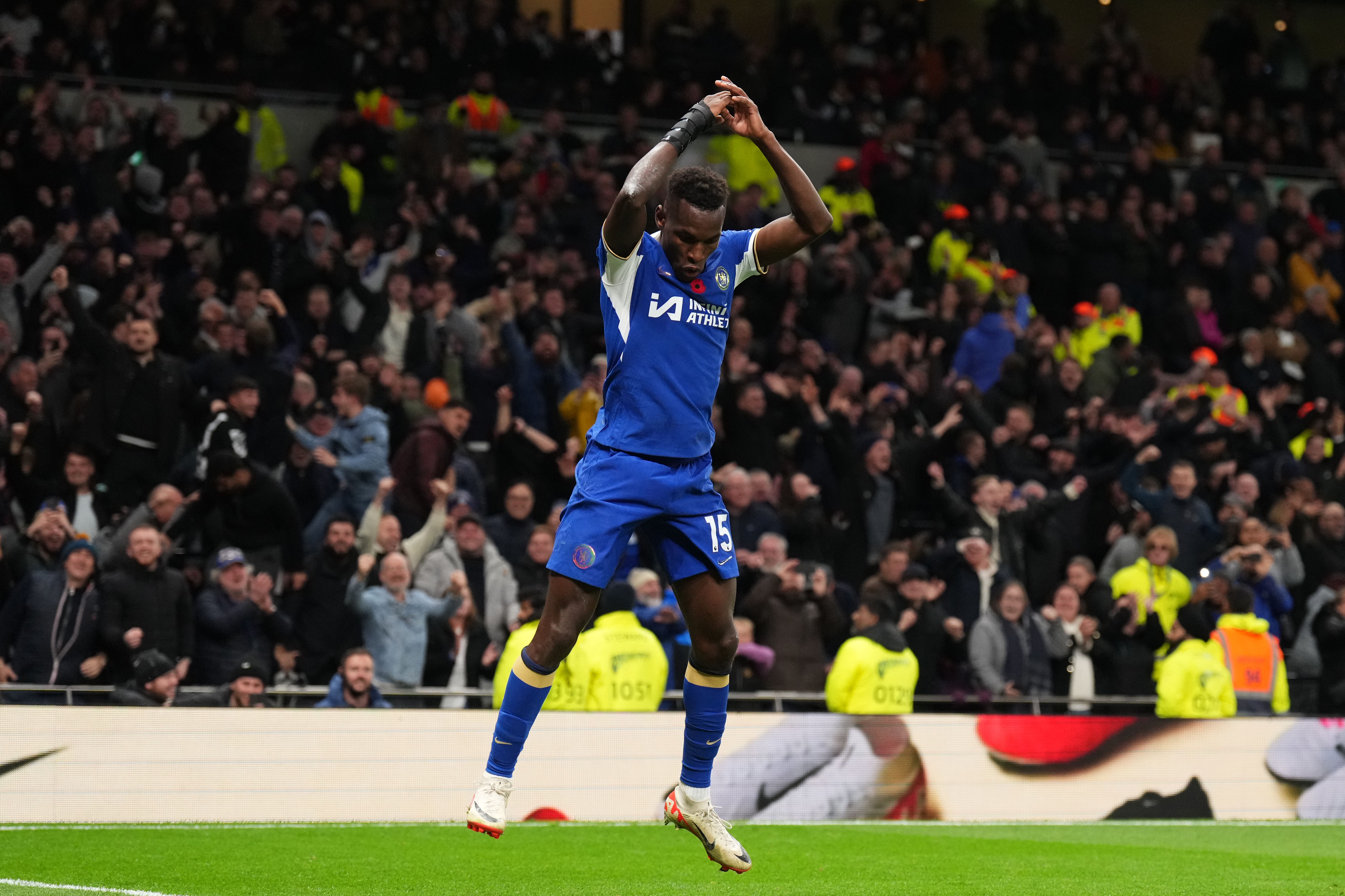 Nicolas Jackson celebrates scoring for Chelsea in their 4-1 win at Tottenham (John Walton/PA)