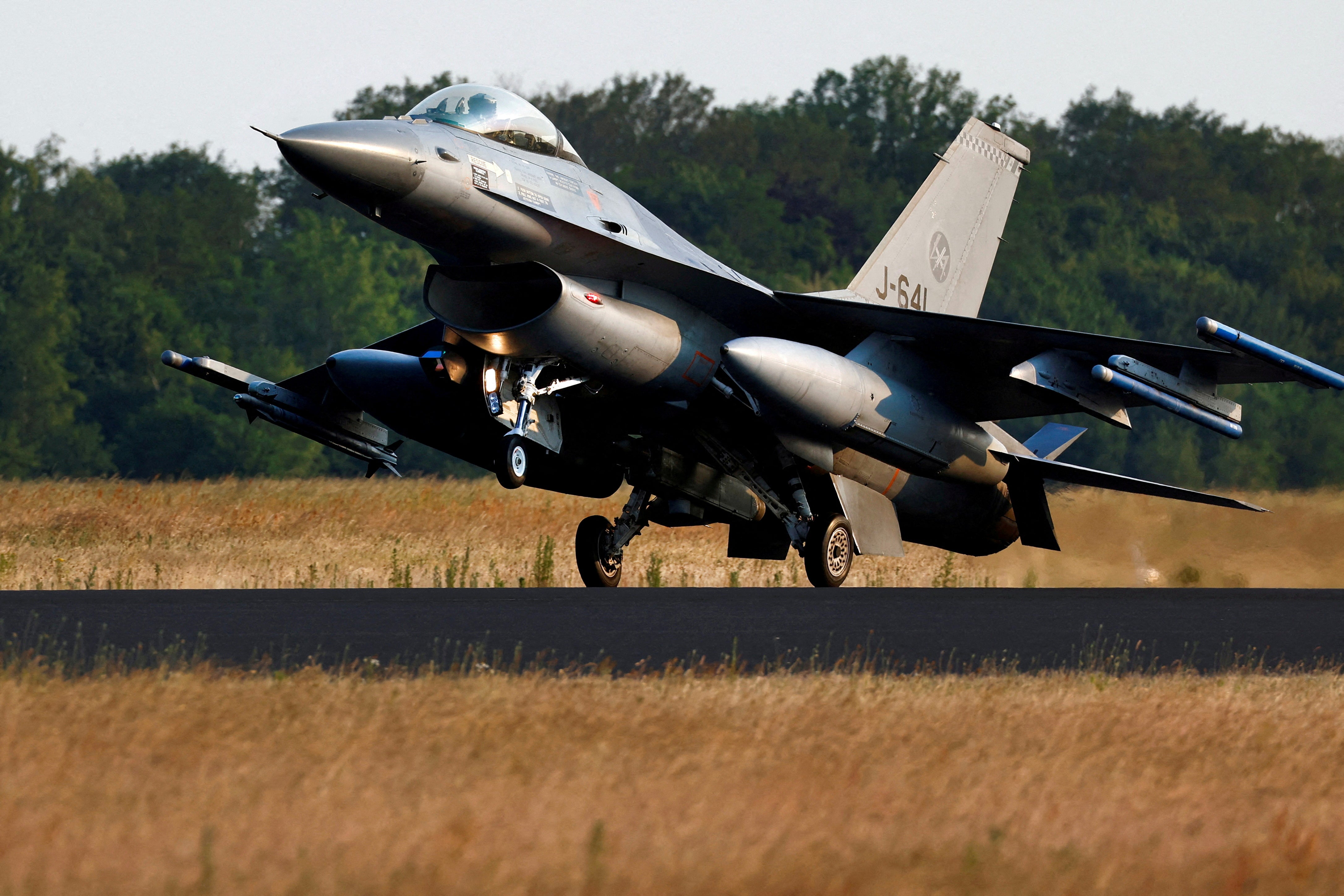 A Dutch F-16 fighter jet is seen at the Volkel Air Base in Volkel, Netherlands