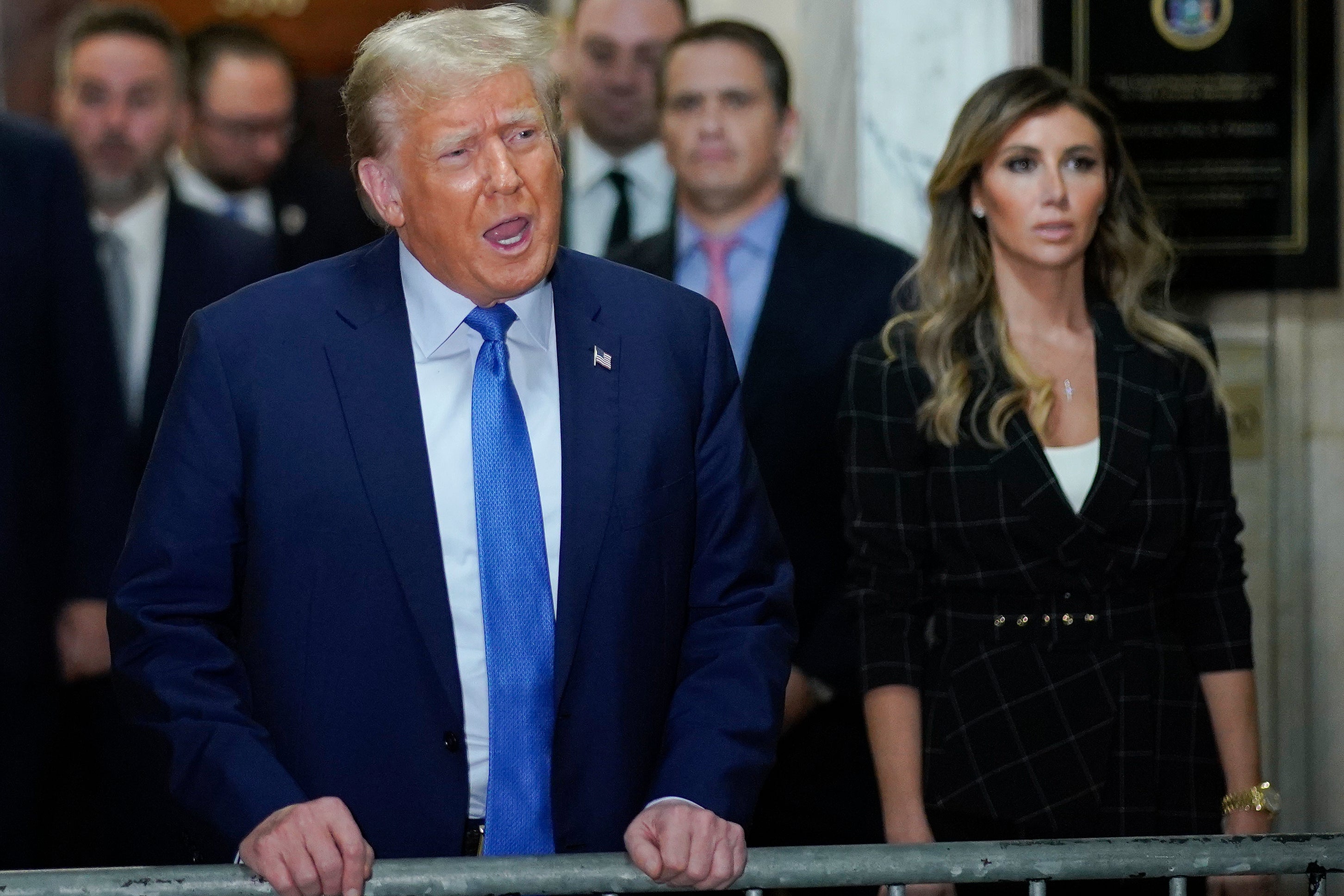 Former President Donald Trump speaks outside the courtroom after testifying on Monday