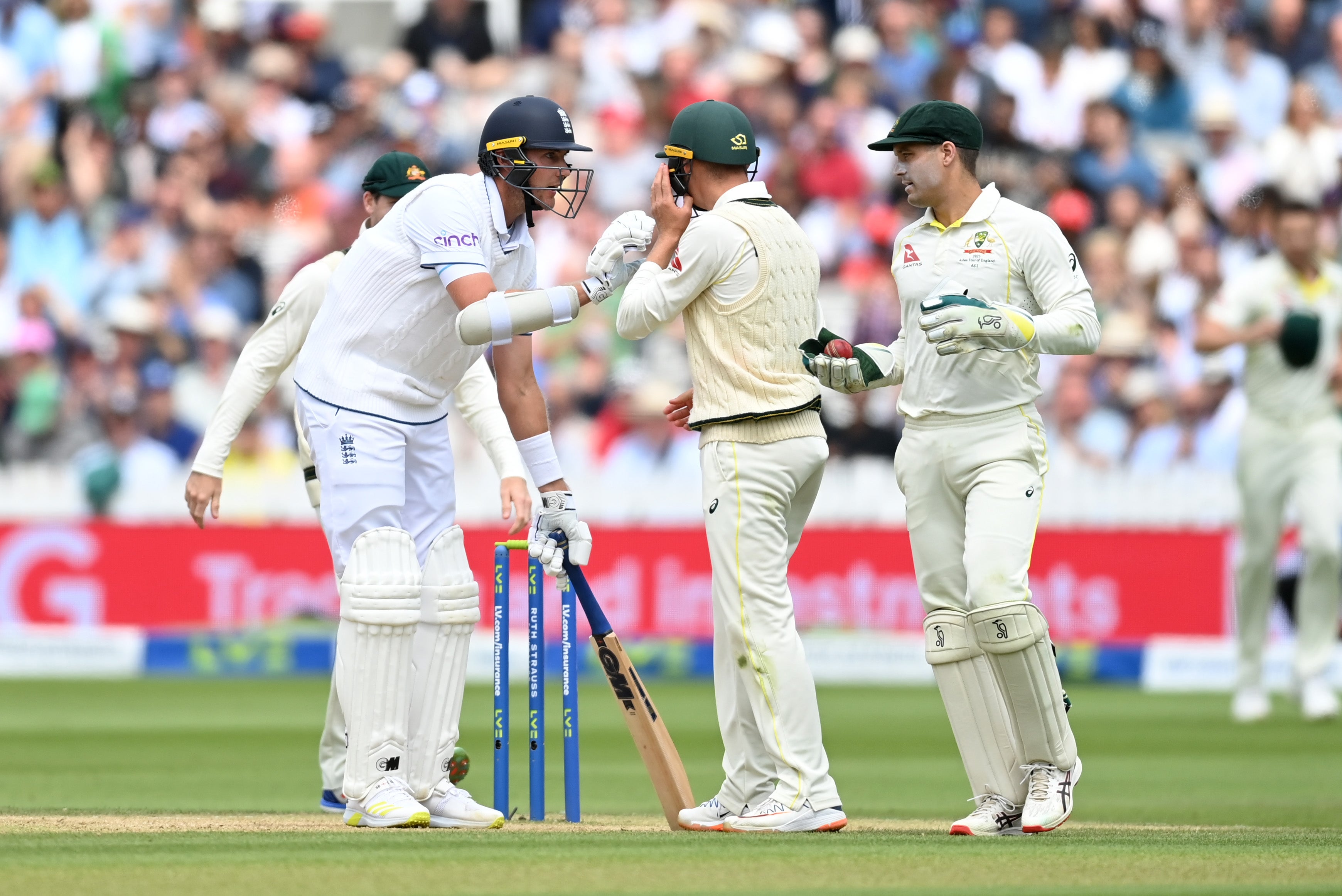 Broad checks with wicketkeeper Carey whether he is allowed to leave his crease