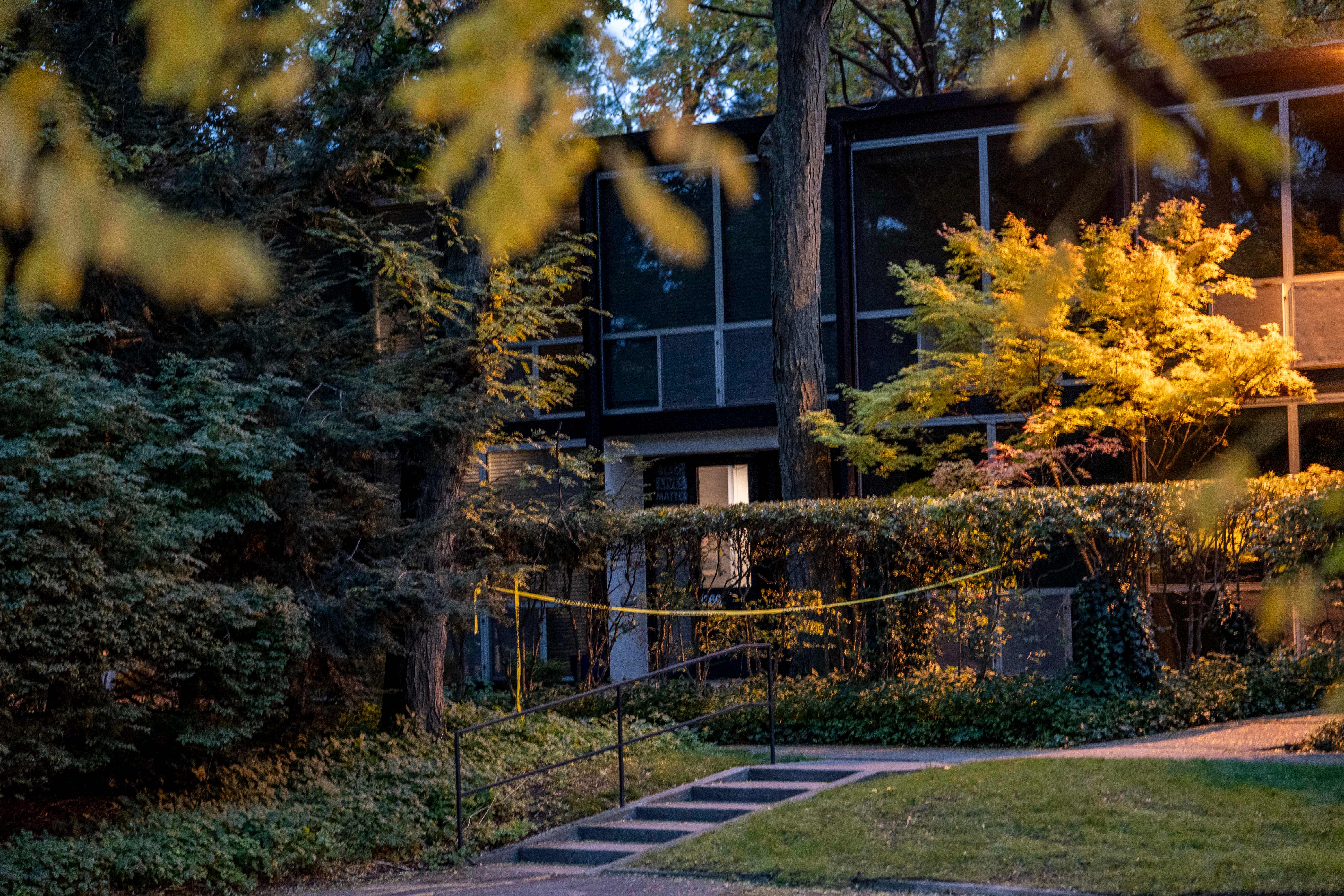 Police tape blocks access near the scene where Isaac Agree Downtown Synagogue president, Samantha Woll, was found dead in Detroit, October 21, 2023.