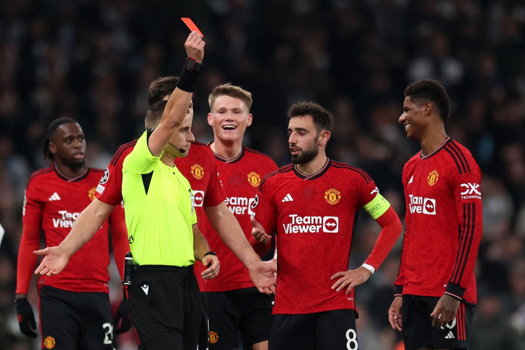 Marcus Rashford is shown a red card for his tackle on Copenhagen’s Elias Jelert