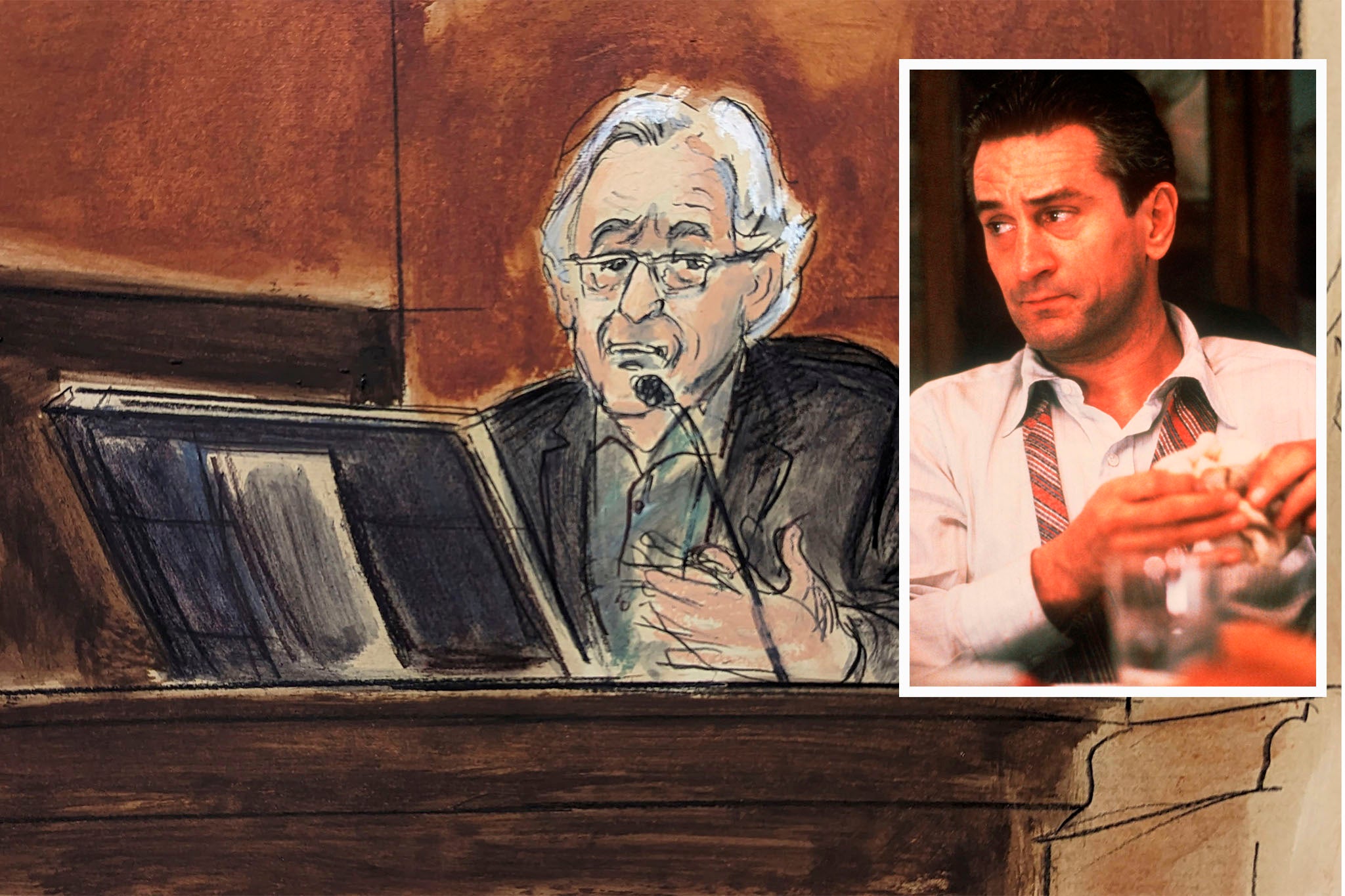 An artist’s impression of Robert De Niro on the witness stand. The actor has won two Oscars during a stellar career