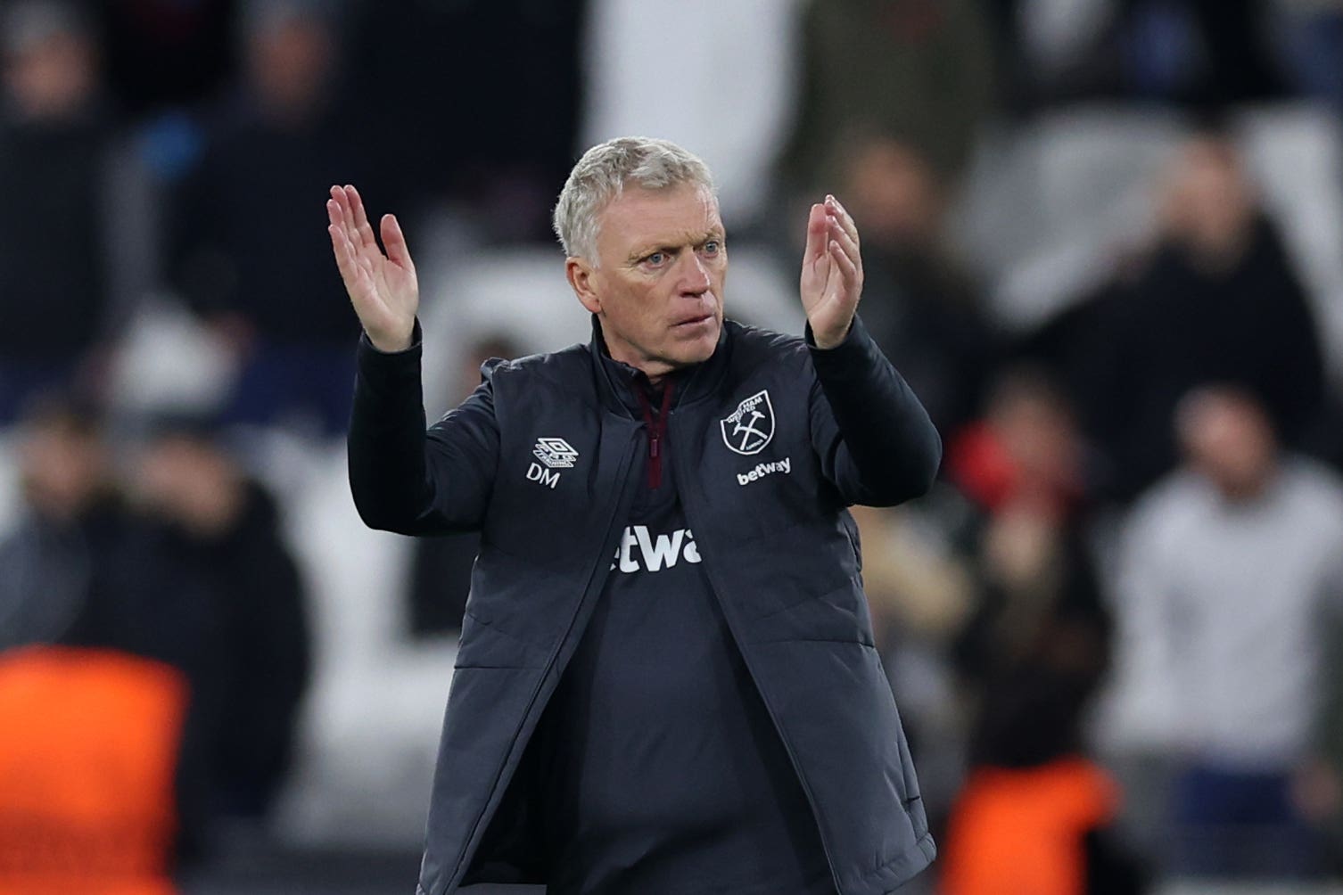 West Ham United manager David Moyes applauds the fans following victory after the UEFA Europa League Group A match at the London Stadium, London. Picture date: Thursday November 9, 2023.