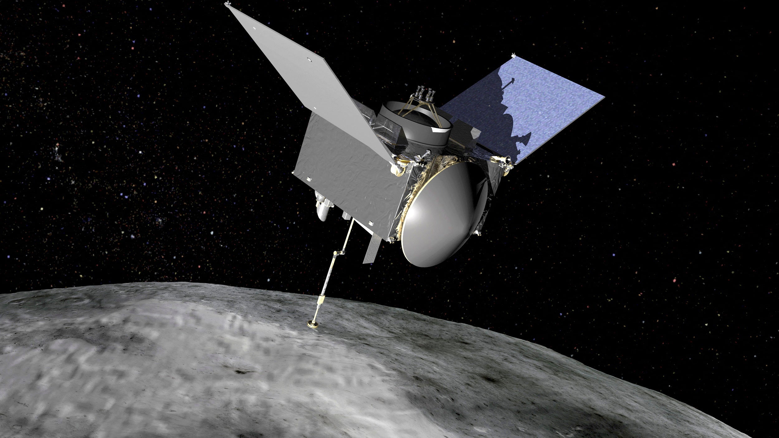 The OSIRIS-REx spacecraft that traveled to the near-Earth asteroid Bennu and brought back a sample to Earth for study is seen in an undated NASA artist rendering.