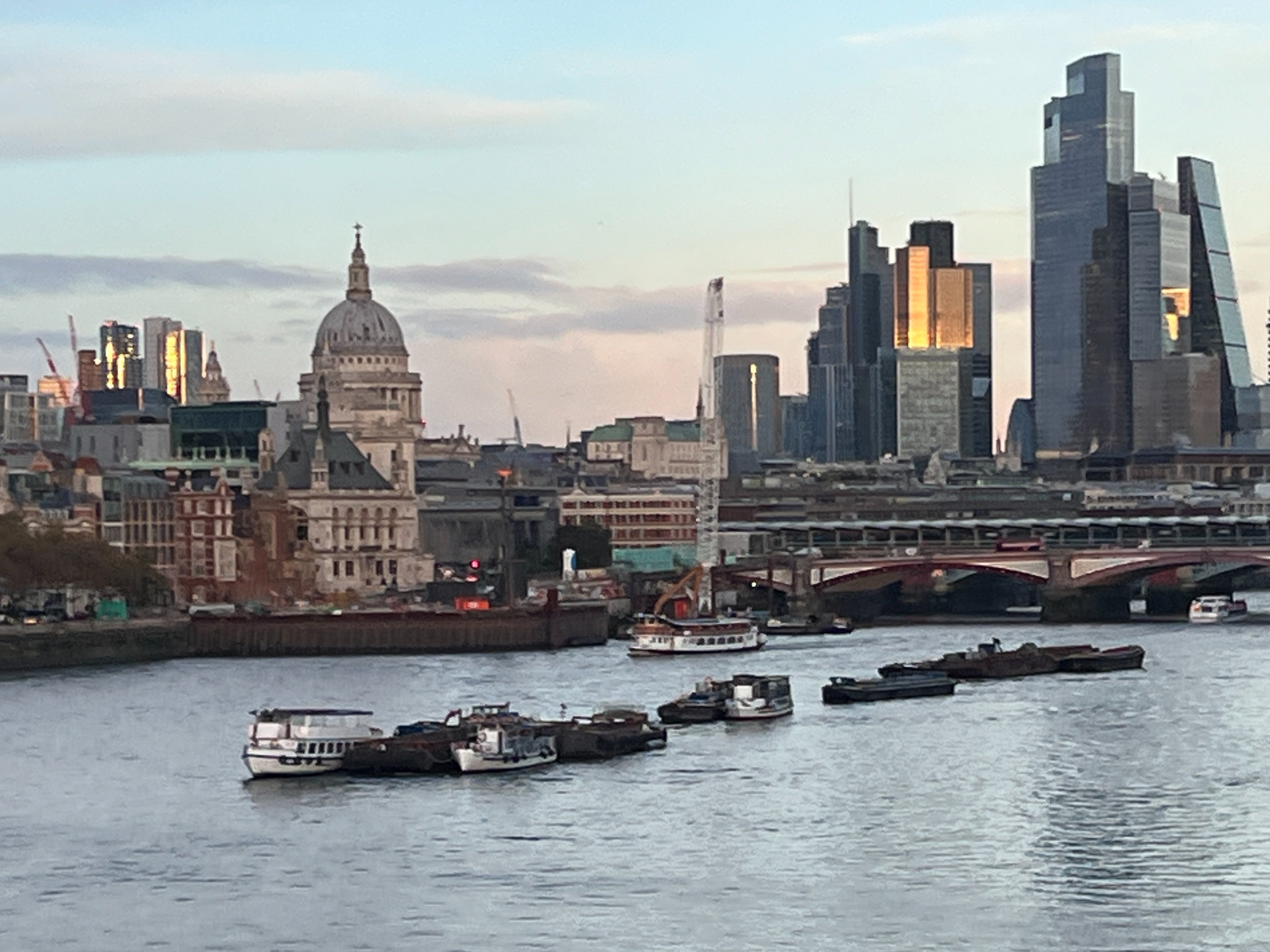 Dirty old river? Thames and City of London from the upper deck of bus SL6 crossing Waterloo Bridge at sunset