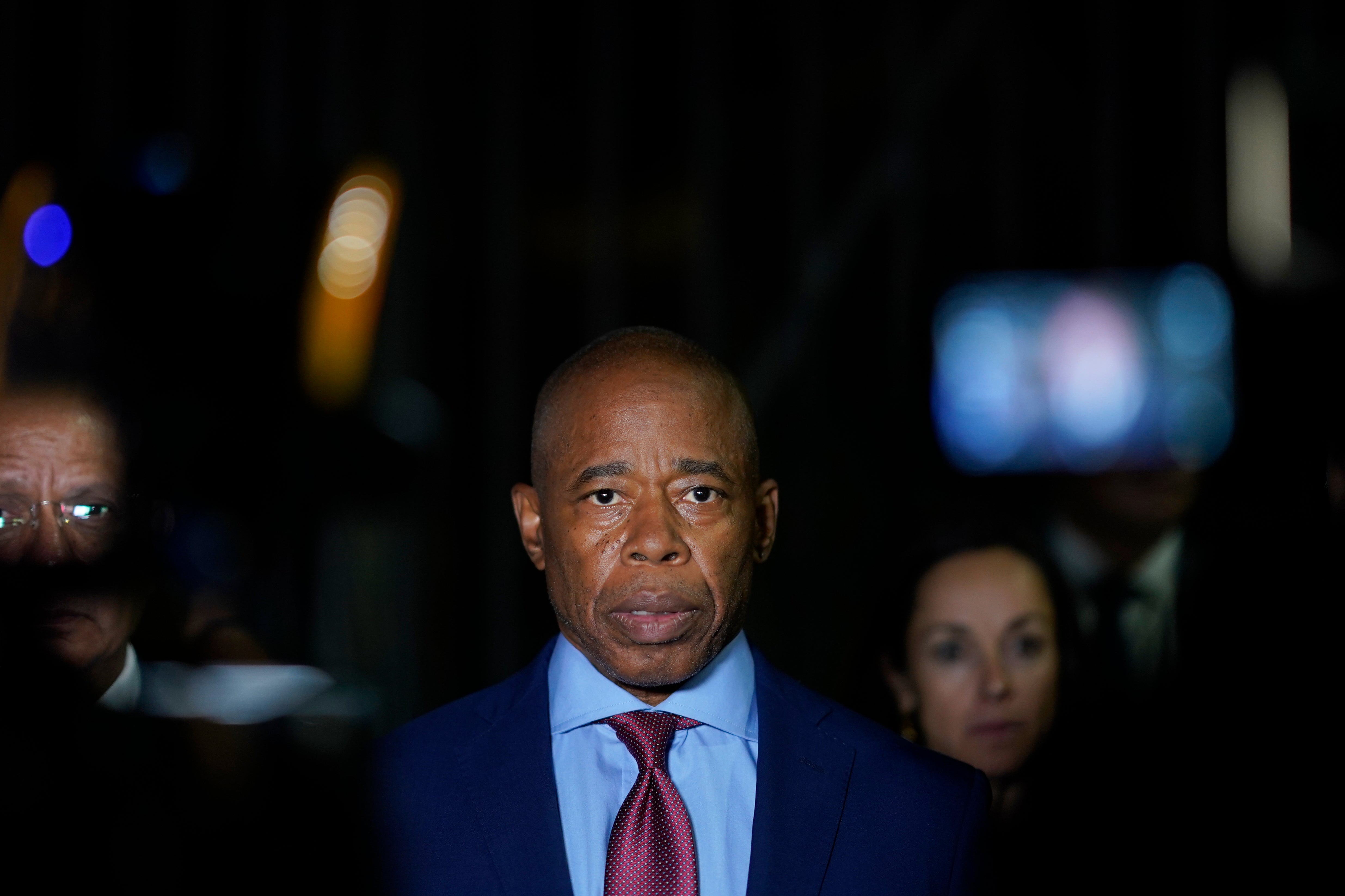 New York City Mayor Eric Adams talks to the press in front of the Basilica of Our Lady of Guadalupe, Wednesday, Oct. 4, 2023, in Mexico City