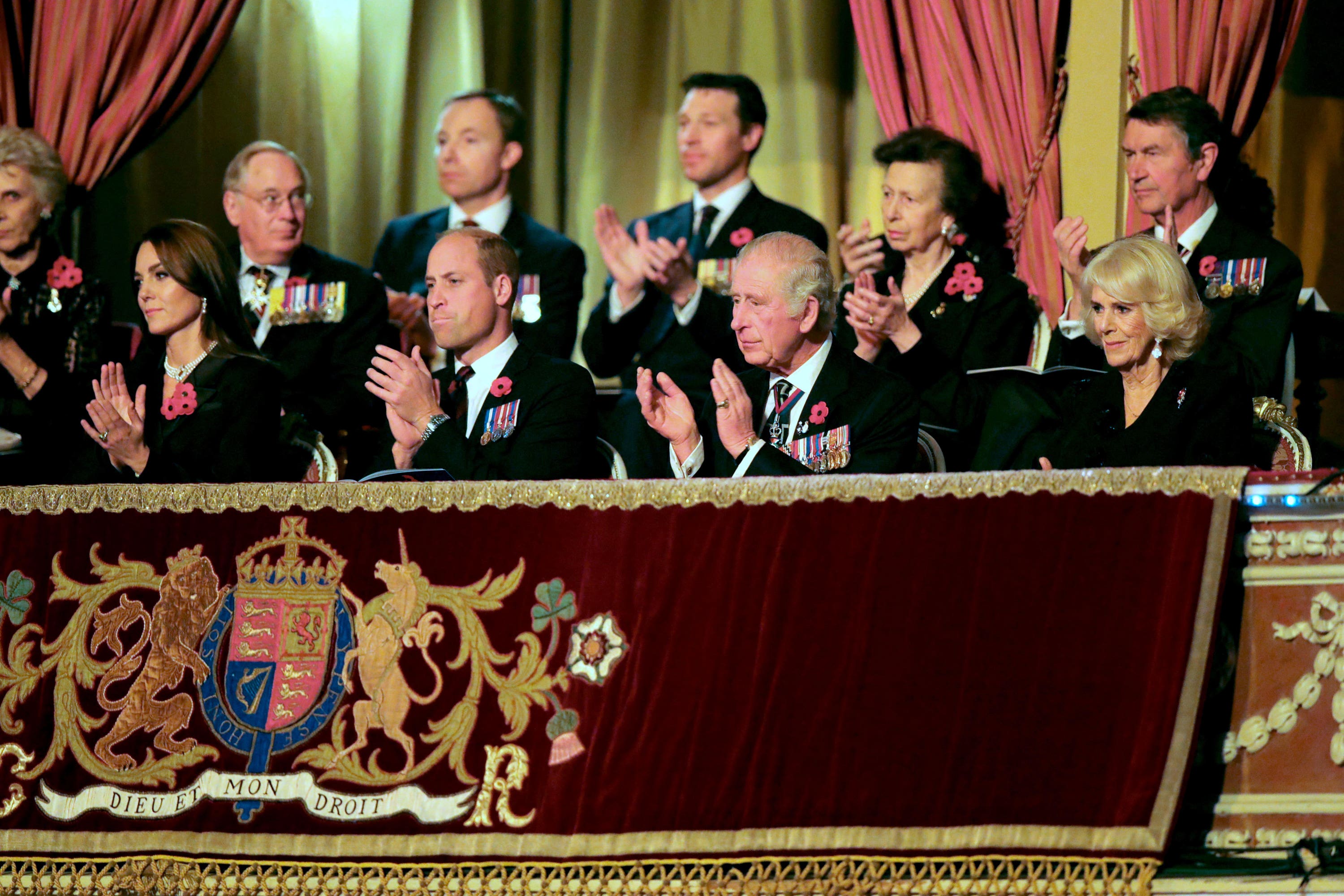 Members of the royal family, the Duke and Duchess of Gloucester (back left), Prince and Princess of Wales, the King and the Queen, and Vice Admiral Sir Timothy Laurence with the Princess Royal (back right) during the annual Royal British Legion Festival of Remembrance attend the Royal Albert Hall in London (Chris Radburn/PA)