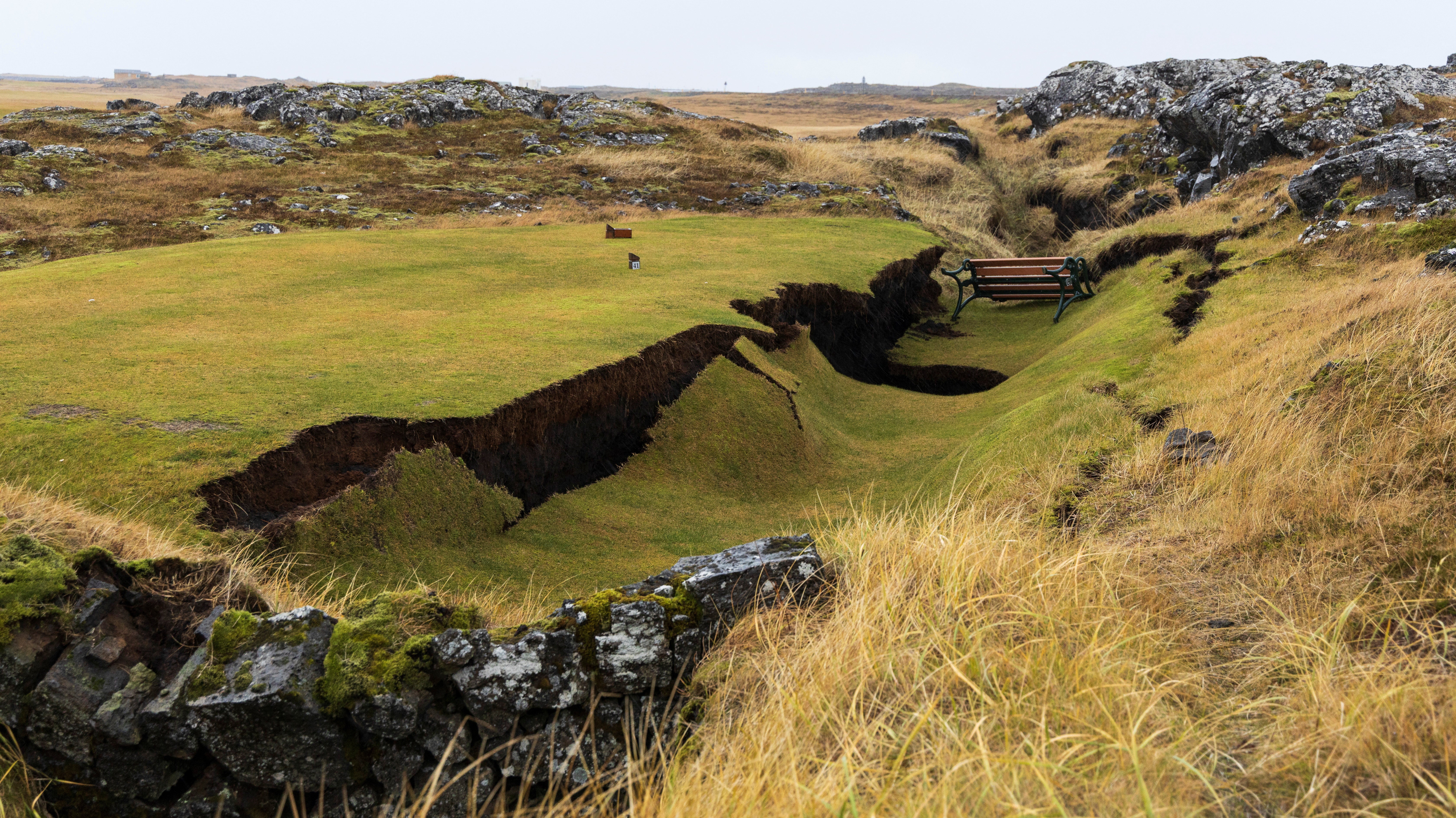 Damage due to volcanic activity at a golf course in Grindavik