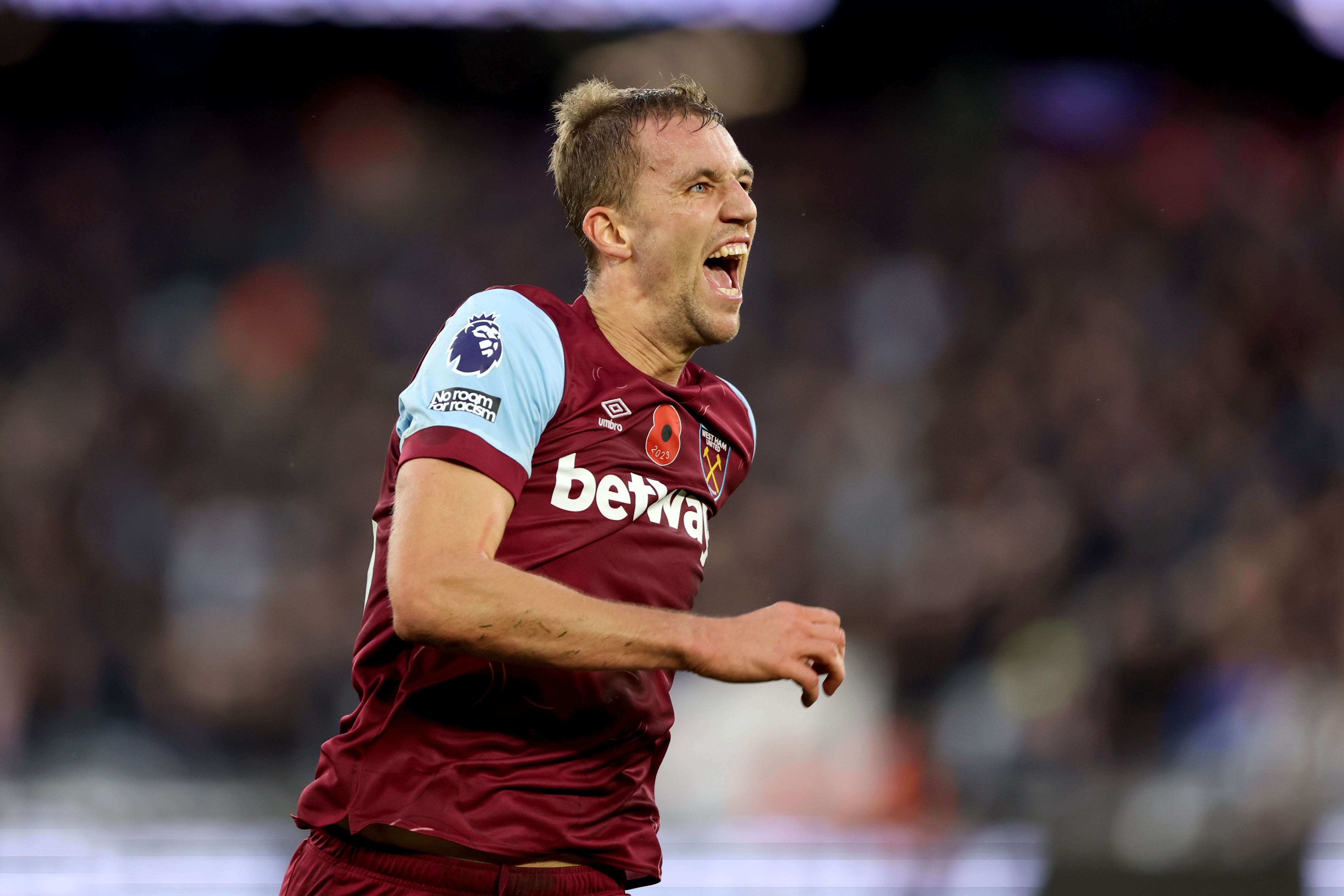 Tomas Soucek celebrates scoring West Ham’r winner at the London Stadium (Nigel French/PA)