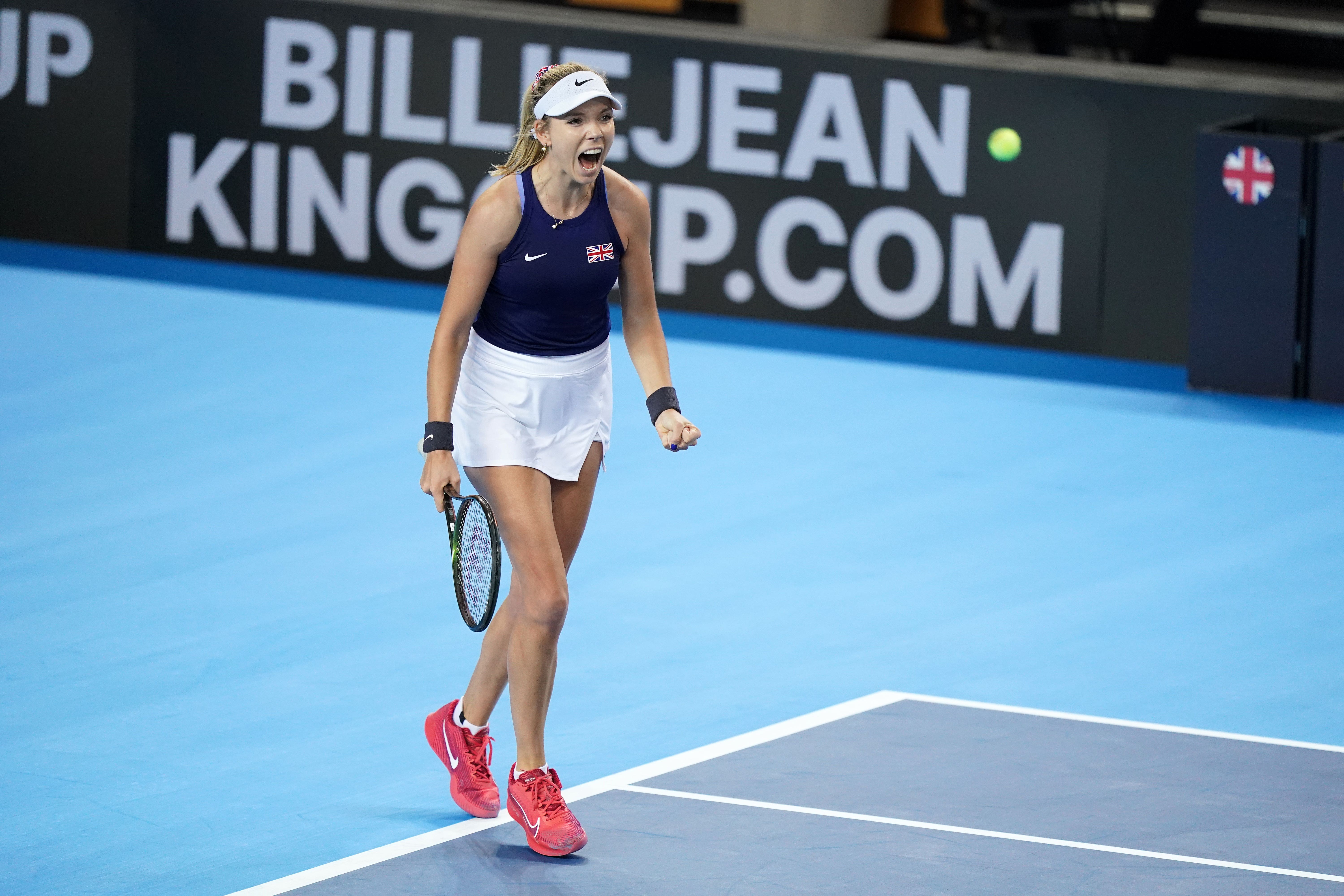 Katie Boulter celebrates victory over Kajsa Rinaldo Persson (Zac Goodwin/PA)