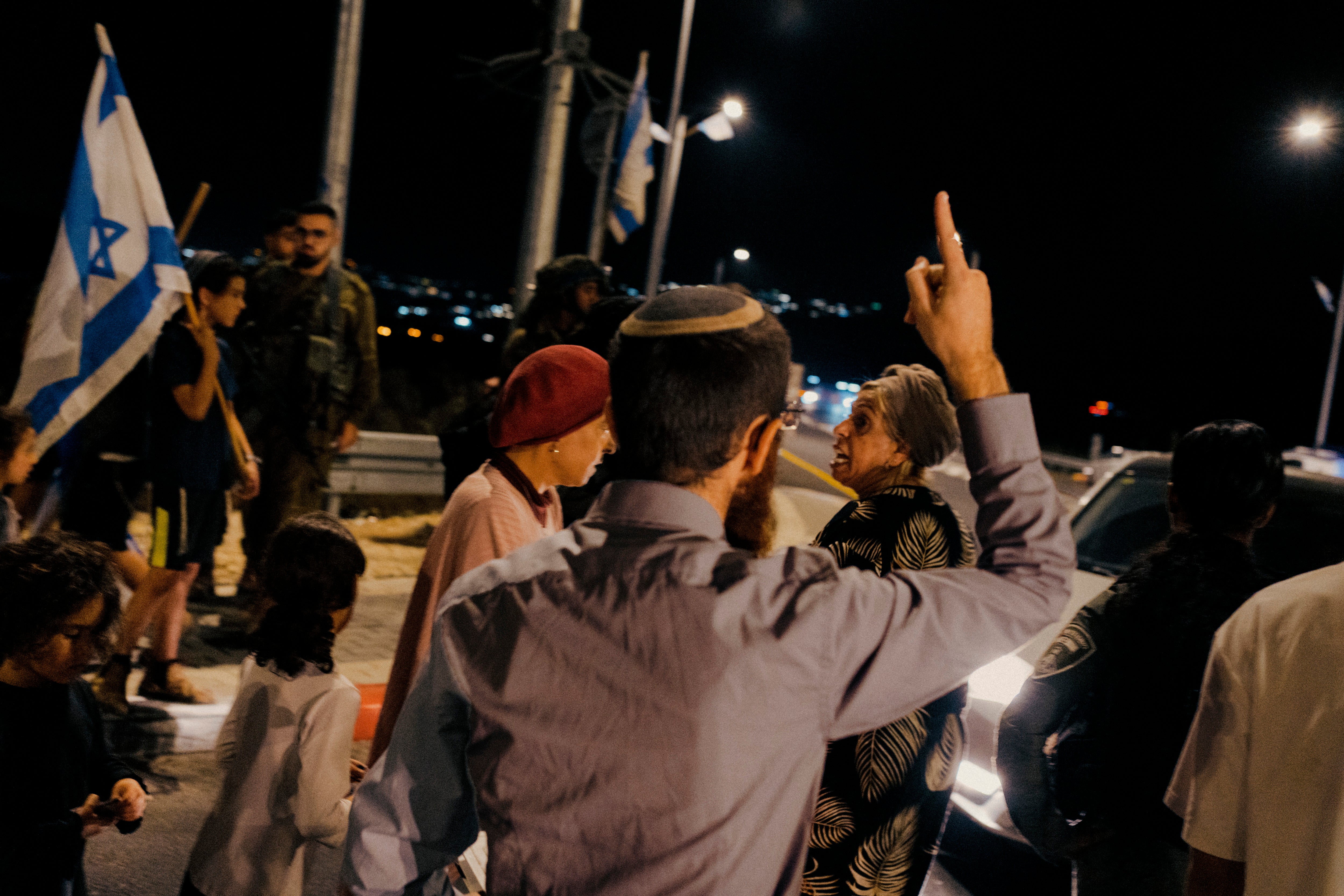 Settlers stage a sit-in at the main intersection in front of the Shavei Shomron settlement, closing traffic to Palestinian cars, as well as the only road to Nablus from the south of the West Bank