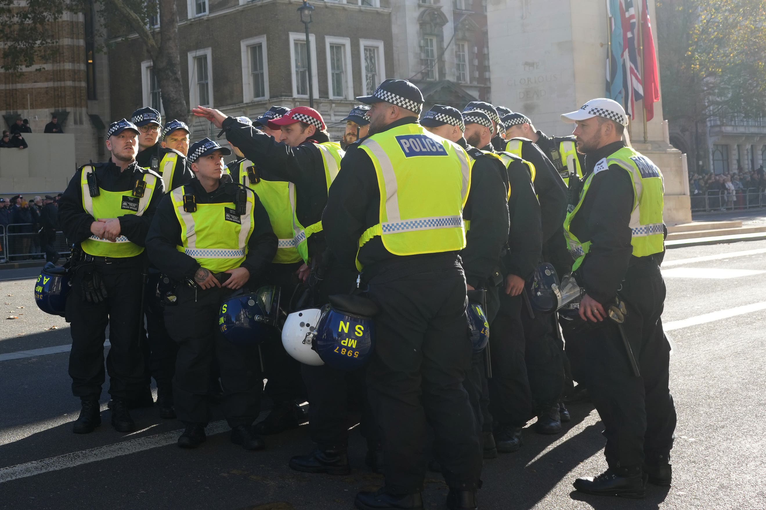 Police officers take their positions by the Cenotaph in Whitehall ahead of the pro-Palestinian protest march in London (Jeff Moore/PA)