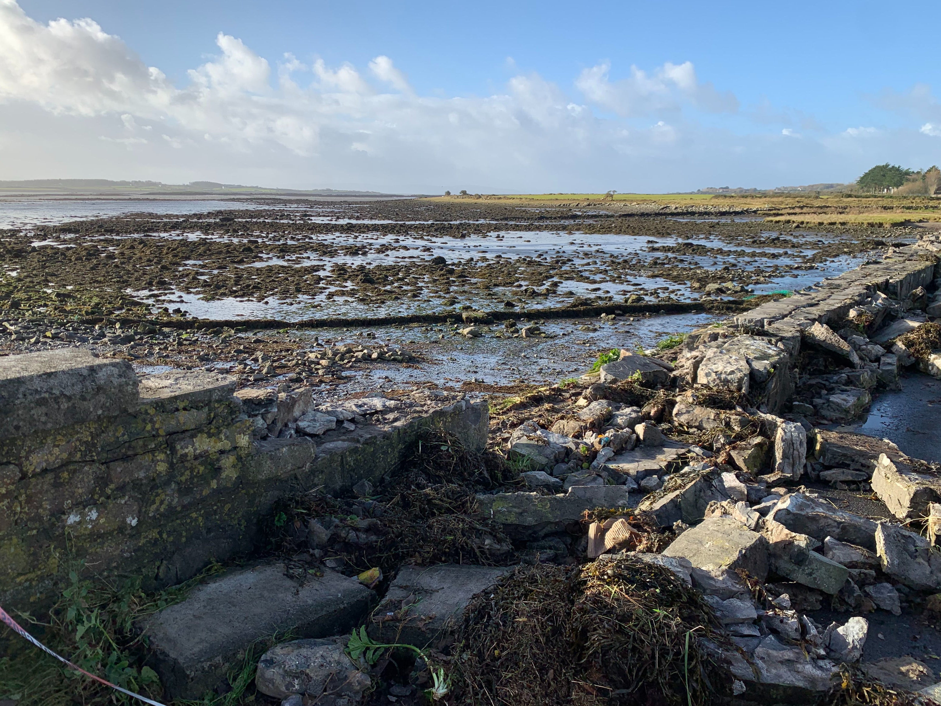 The debris left behind after Storm Debi wiped out the sea wall on the Coast Road beside Oranmore Train Station, Co Galway