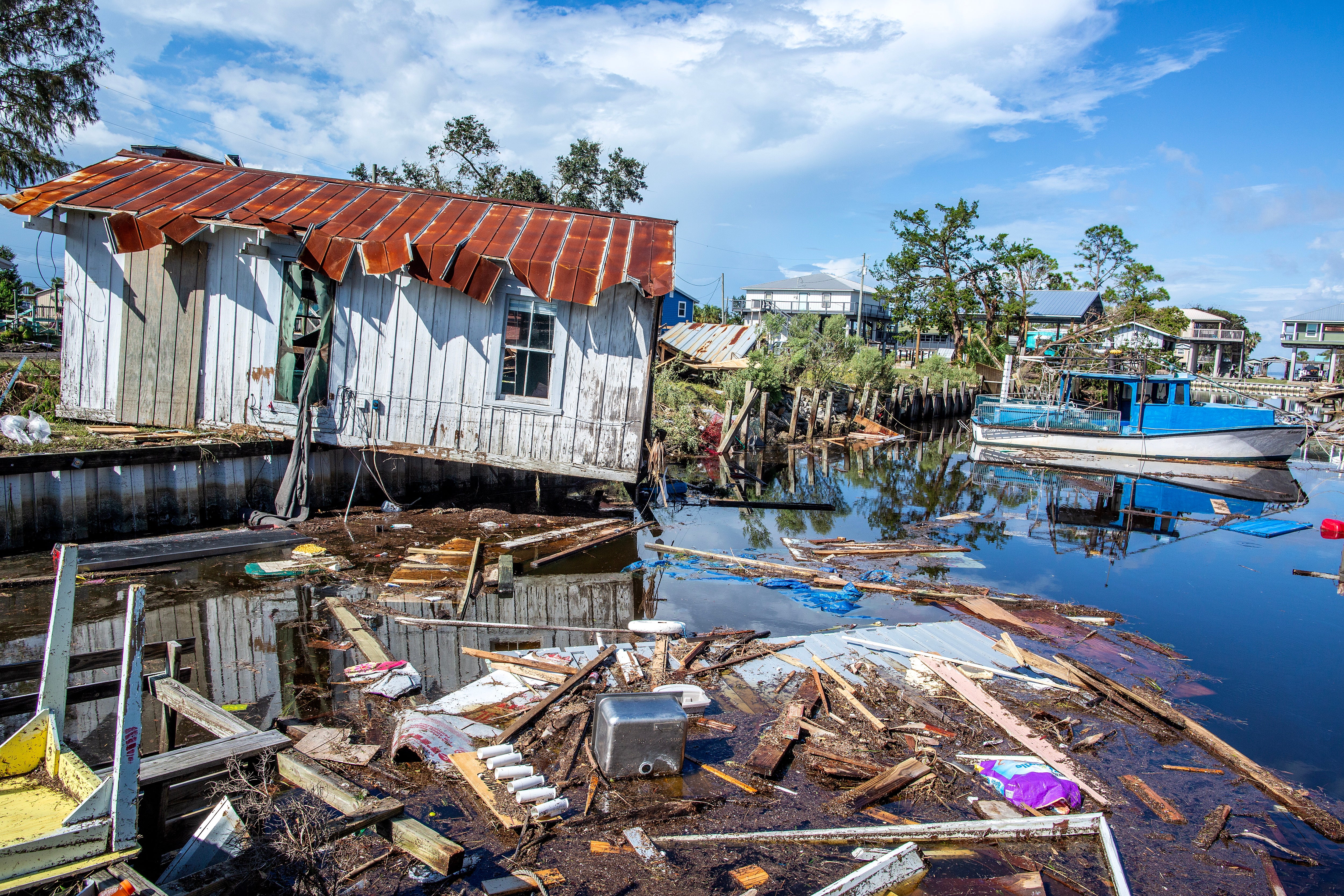 Damaged buildings after Hurricane Idalia made landfall, in the town of Horseshoe Beach, Florida, USA, 31 August 2023. Hurricane Idalia maked landfall in Florida as a Category 3 storm with winds of 125 mph