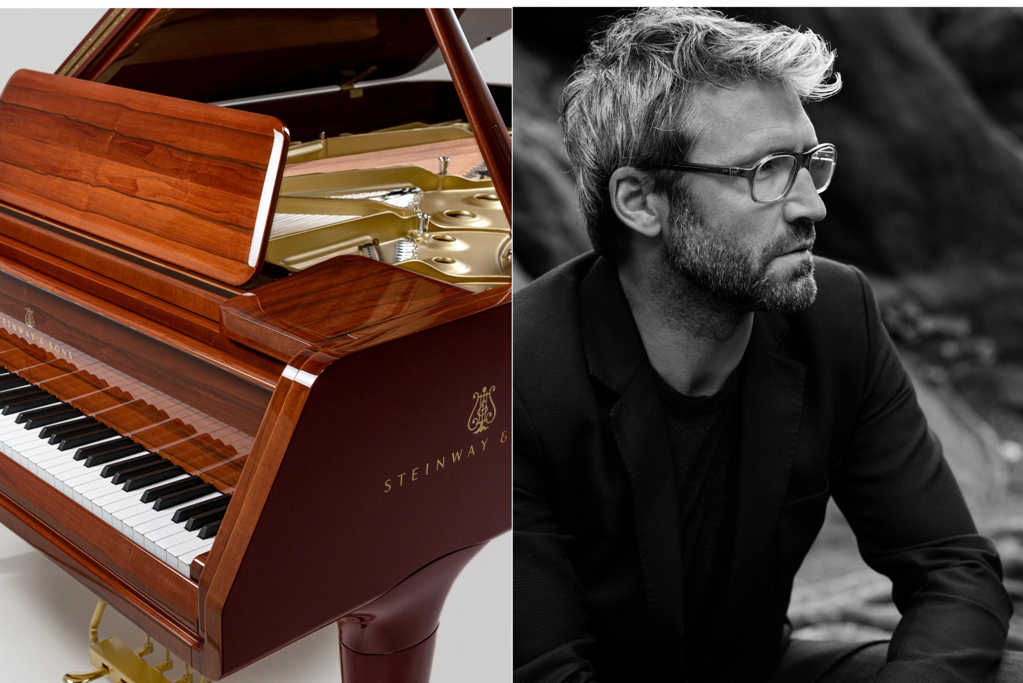 Left, one of the new Steinway models designed by Noe Duchaufour-Lawrance (right)