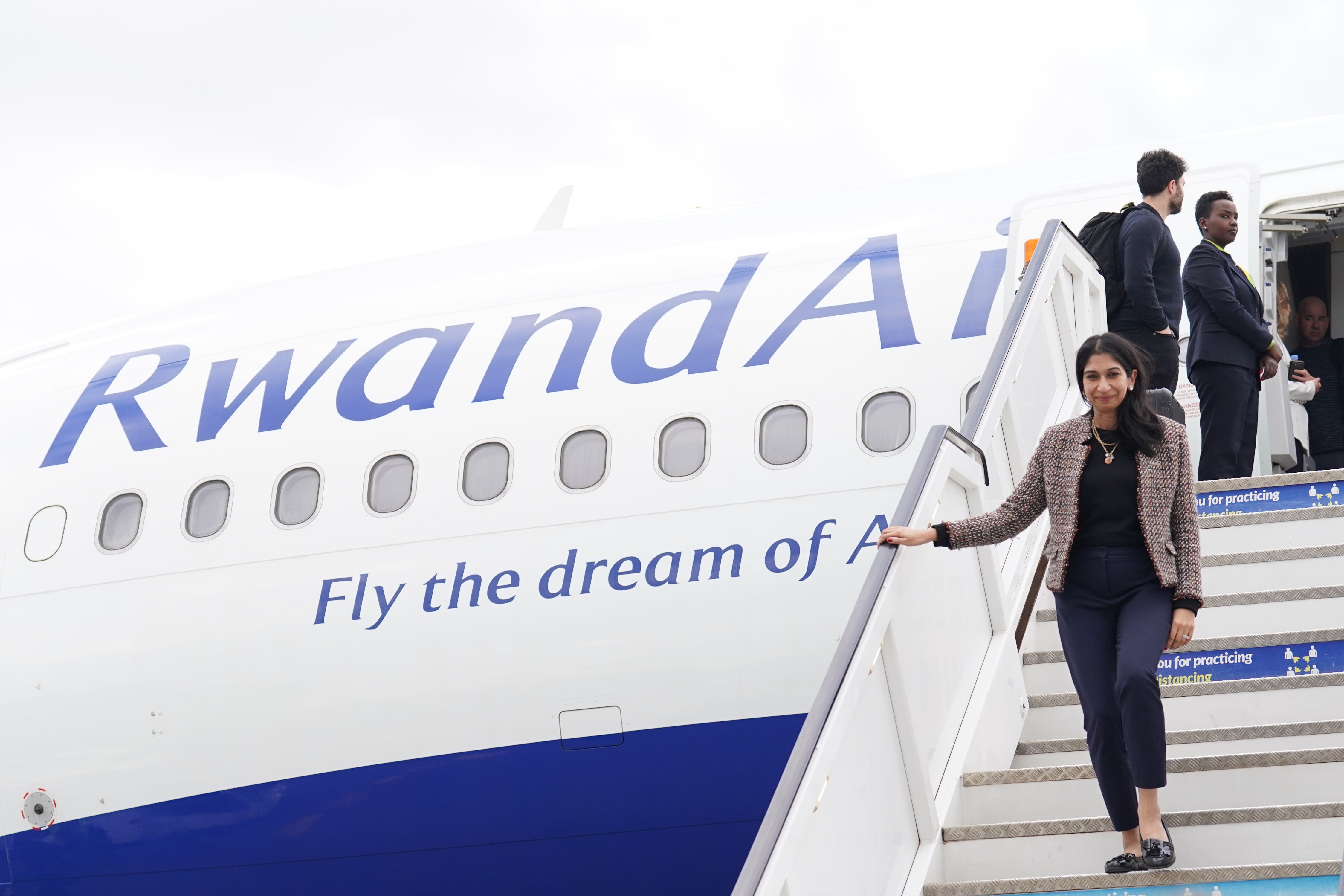 Former Home Secretary Suella Braverman disembarking her plane at Kigali International Airport in her visit to Rwanda (Stefan Rousseau, PA)