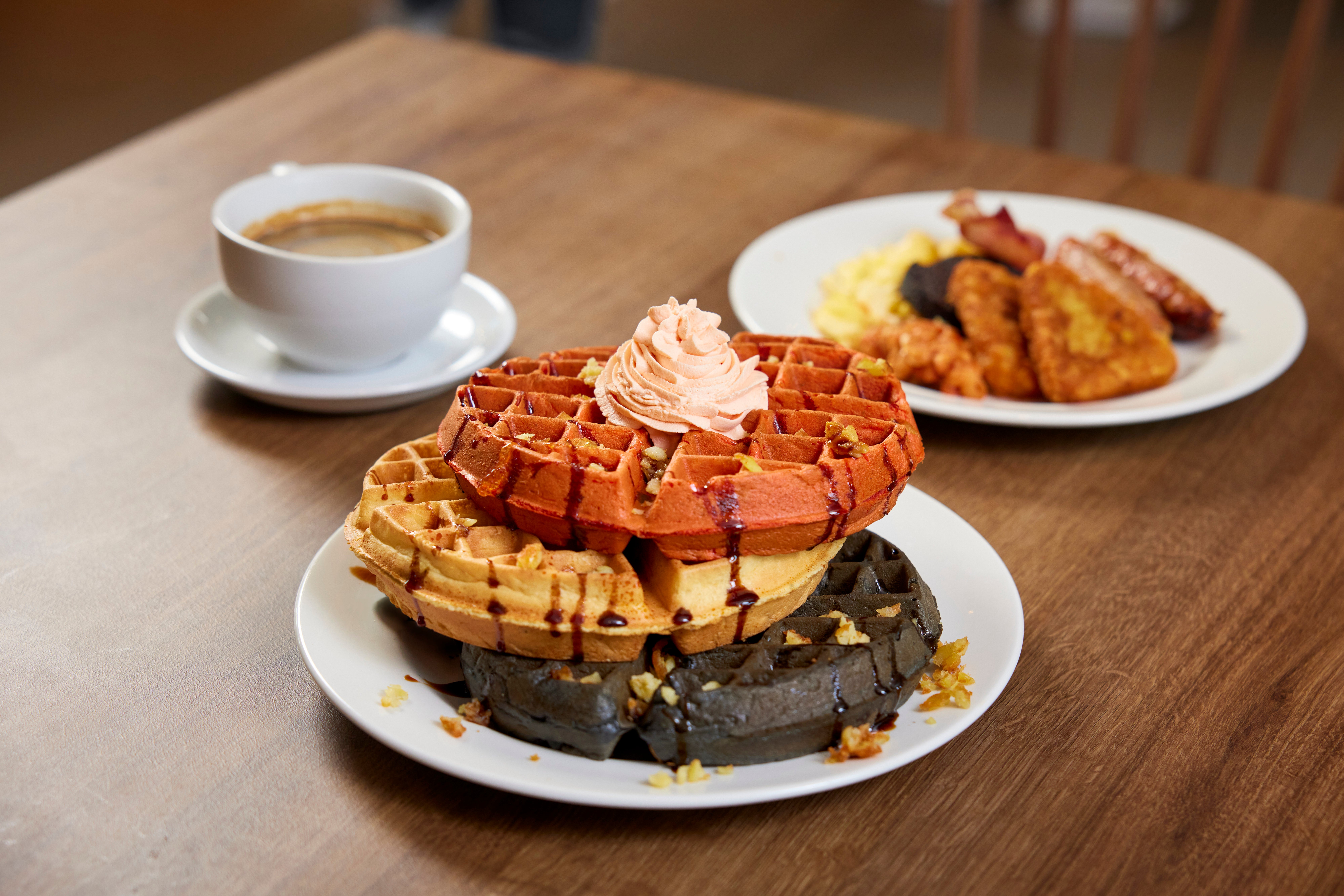 Mushroom & tomato batter (on top), Cumberland sausage and orange zest batter (middle) and black pudding & bacon batter (bottom), accompanied with baked bean whip, hashbrown crunch and black coffee syrup