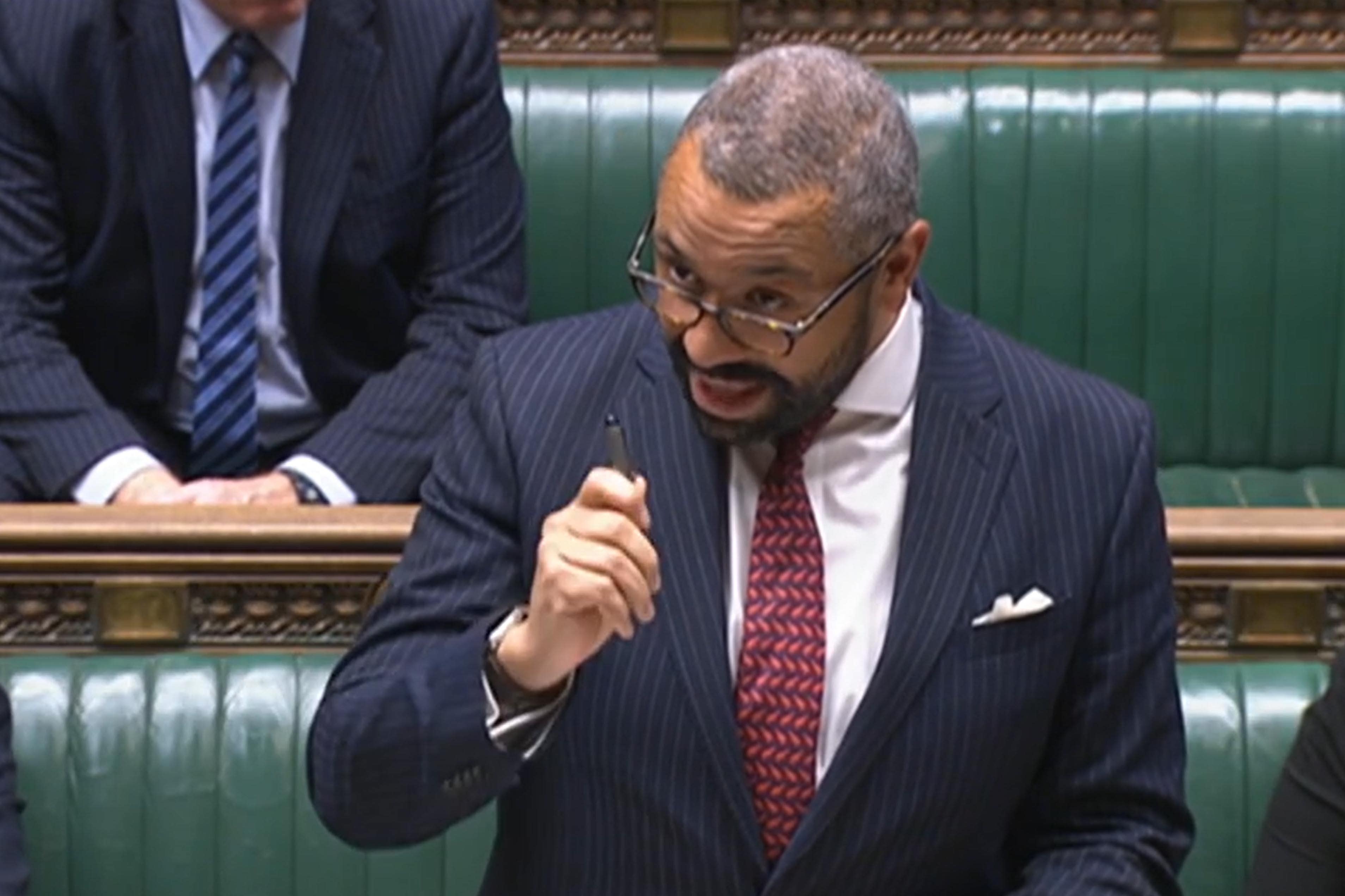 Britain's Home Secretary James Cleverly speaking during a statement on the Government's Plan for Illegal Immigration in the House of Commons on Wednesday