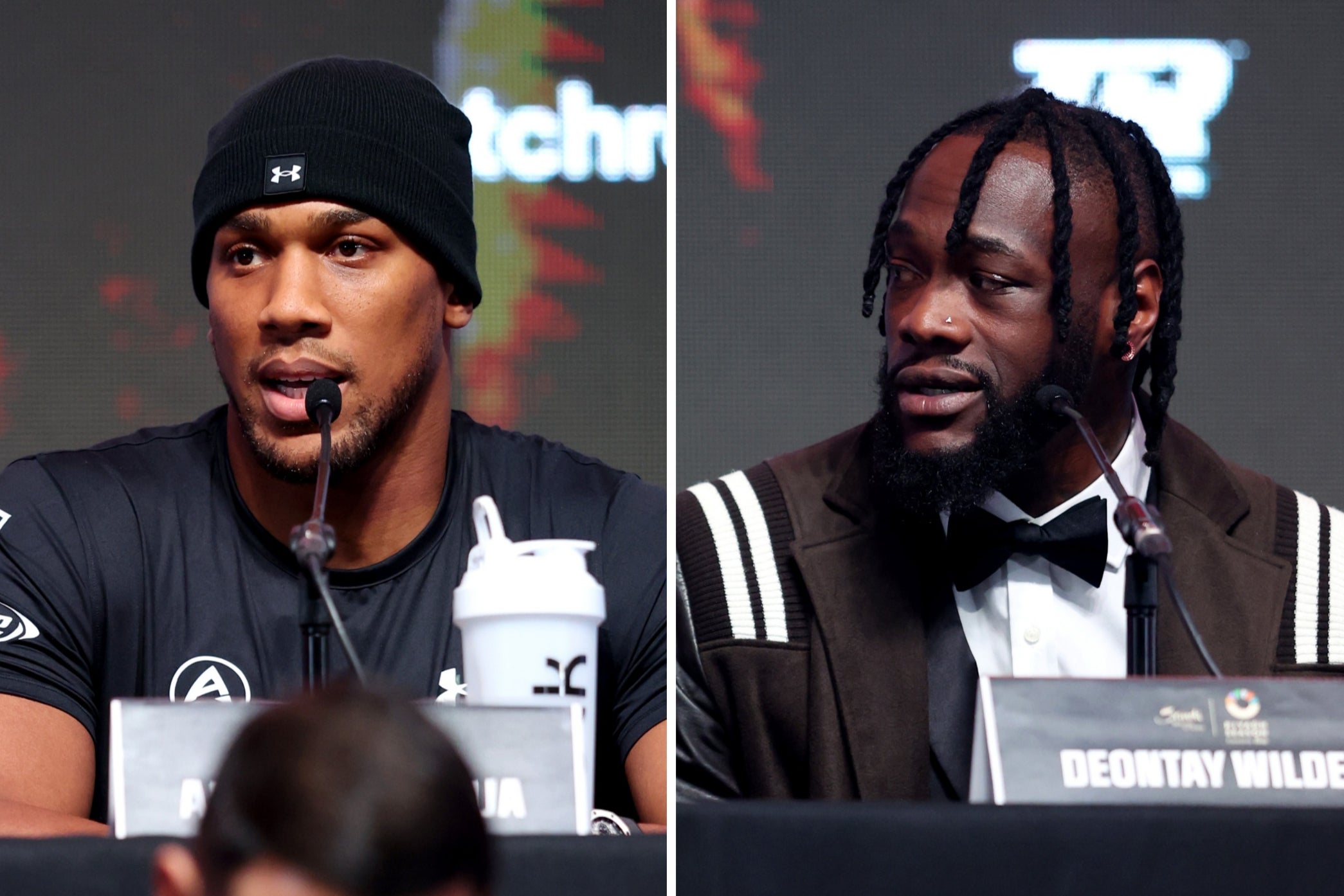 Anthony Joshua, left, and Deontay Wilder on stage at a press conference in Wembley