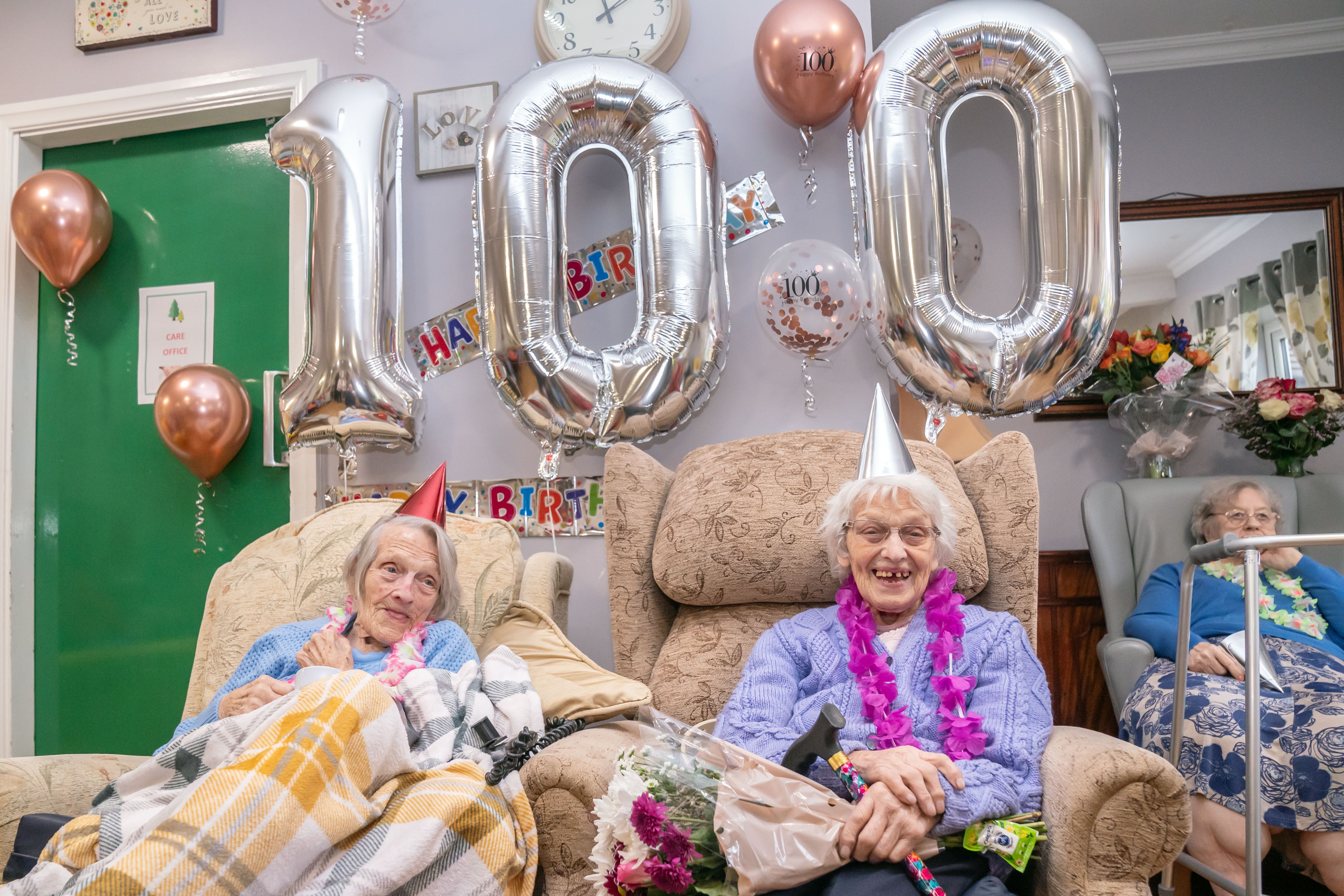 Twins Florence Boycott and Anne Brown, celebrate their 100th birthday in Barnsley, South Yorkshire hire (Danny Lawson/PA)