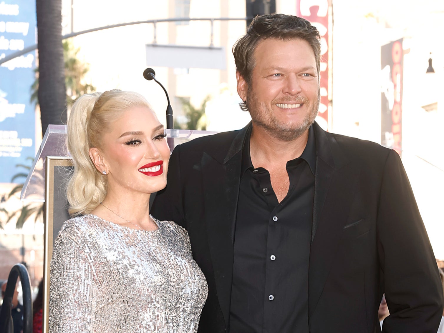 Gwen Stefani and Blake Shelton attend the Hollywood Walk of Fame Star Ceremony Honoring Gwen Stefani on October 19, 2023 in Hollywood, California.