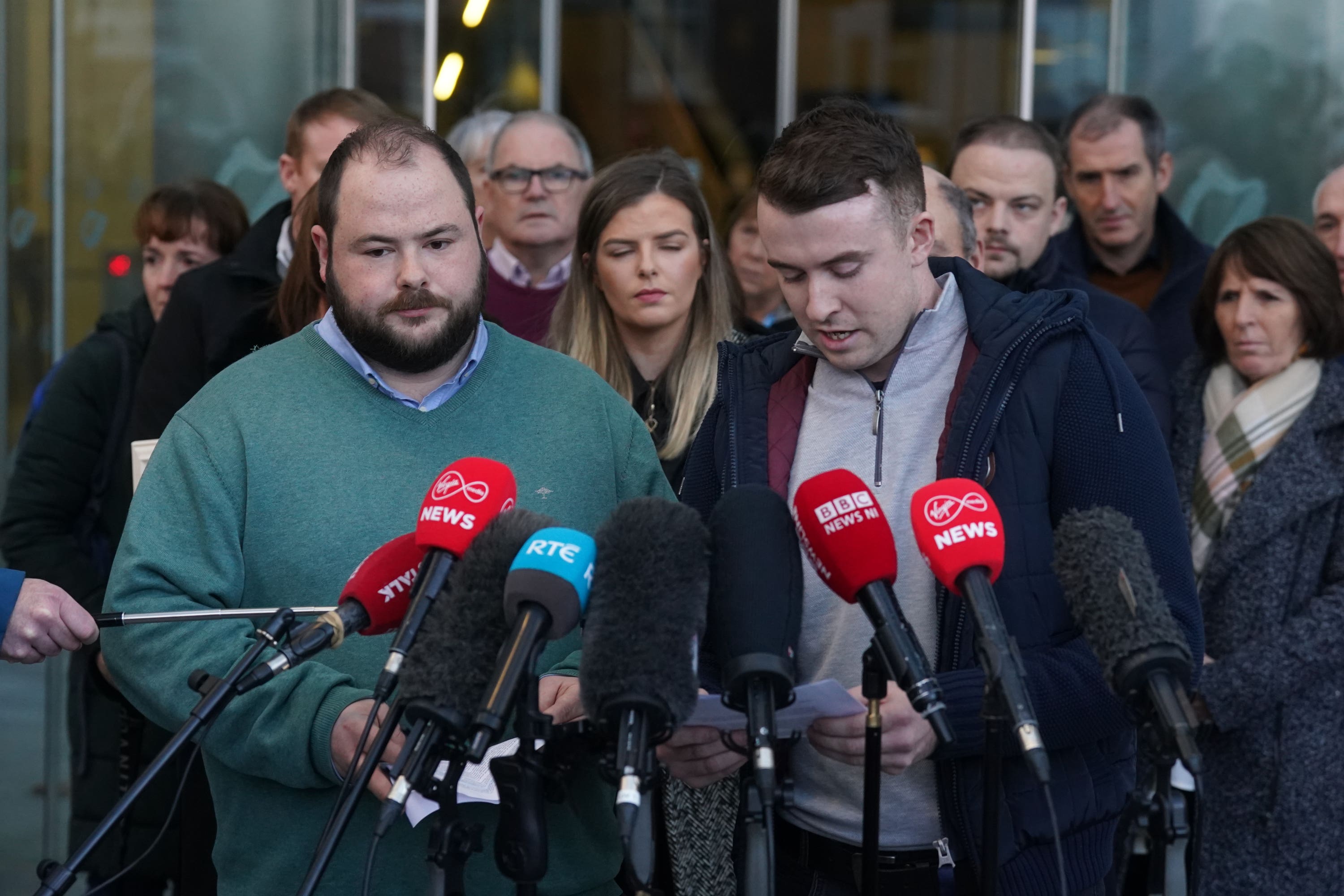 The brother of murdered teacher Ashling Murphy, Cathal (left), her sister Amy (centre) and boyfriend Ryan Casey (right), face the media after Jozef Puska, 33, was found guilty at the Central Criminal Court in Dublin of murdering the schoolteacher in Tullamore, Co Offaly, in January last year. Picture date: Thursday November 9, 2023.