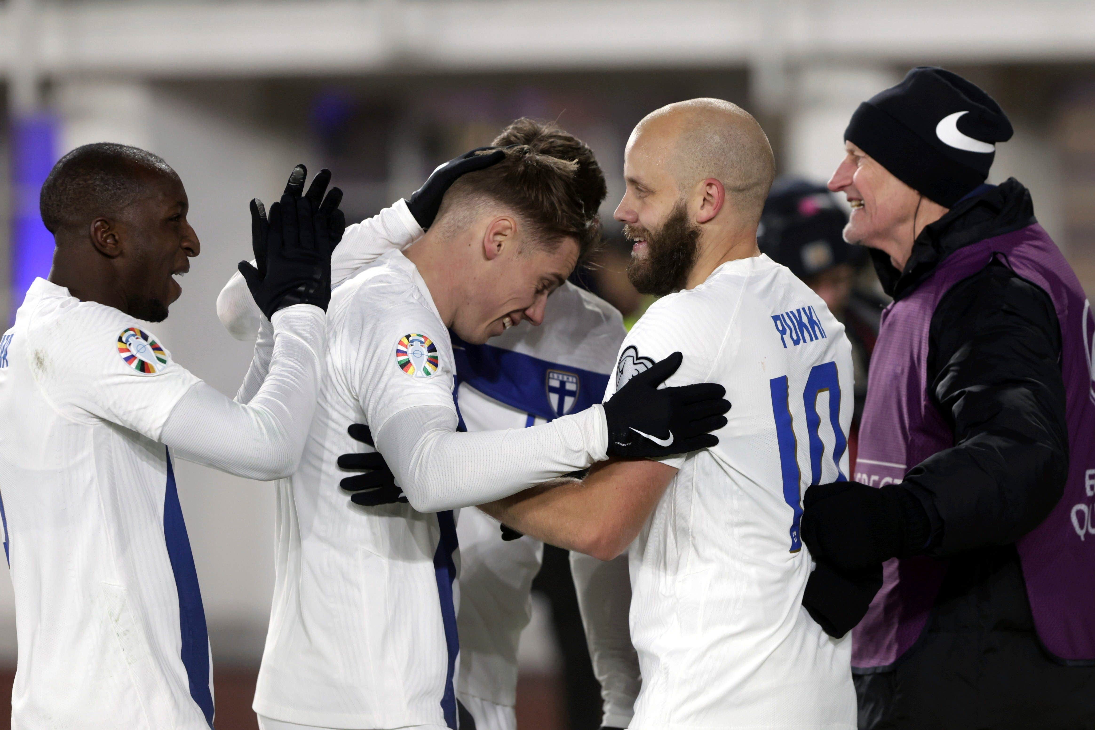 Finland’s Teemu Pukki celebrates (Roni Rekomaa/AP)