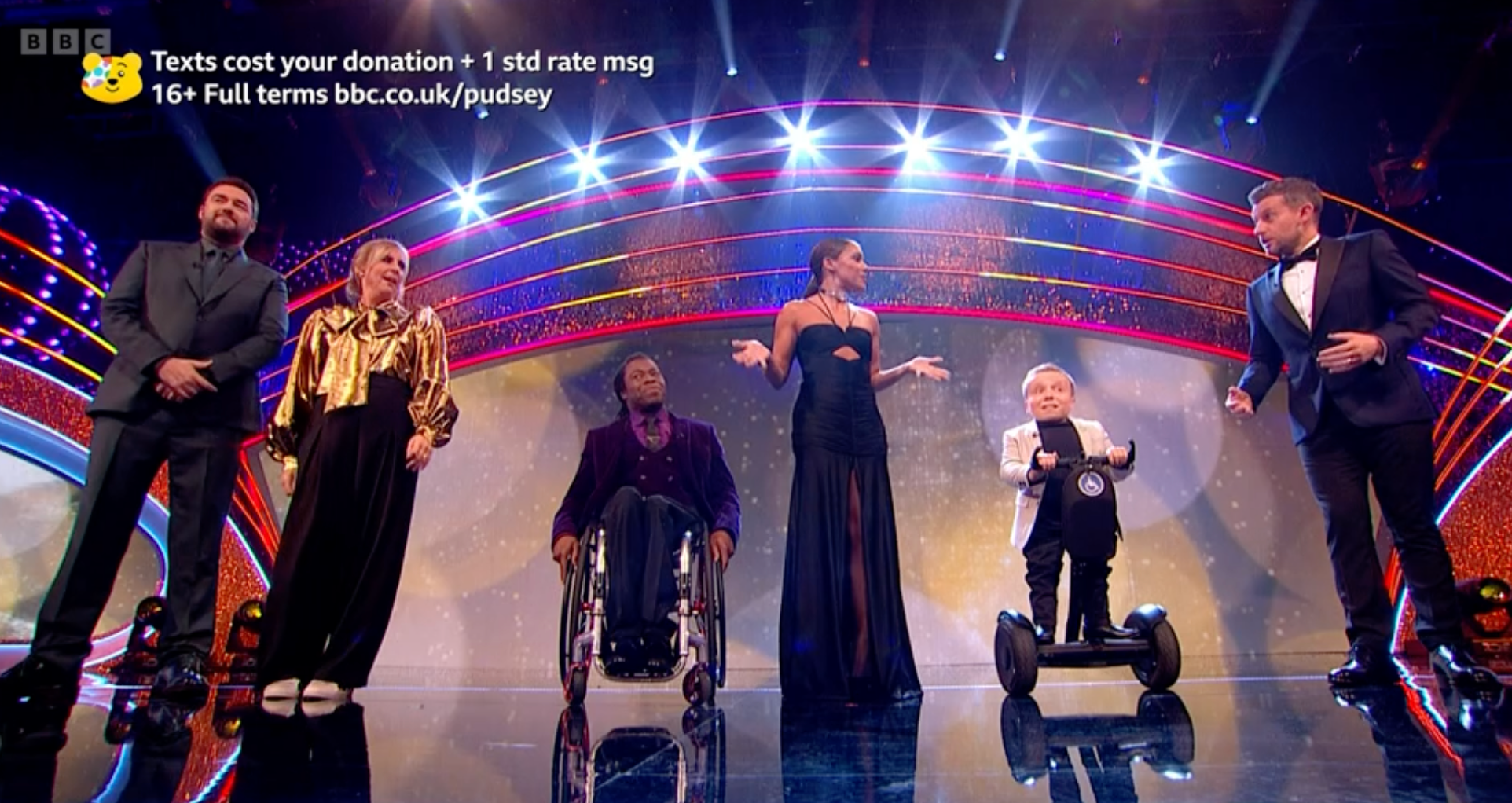 Jason Manford, Mel Giedroyc, Ade Adepitan, Alex Scott, Lenny Rush and Chris Ramsey presenting Children in Need 2023