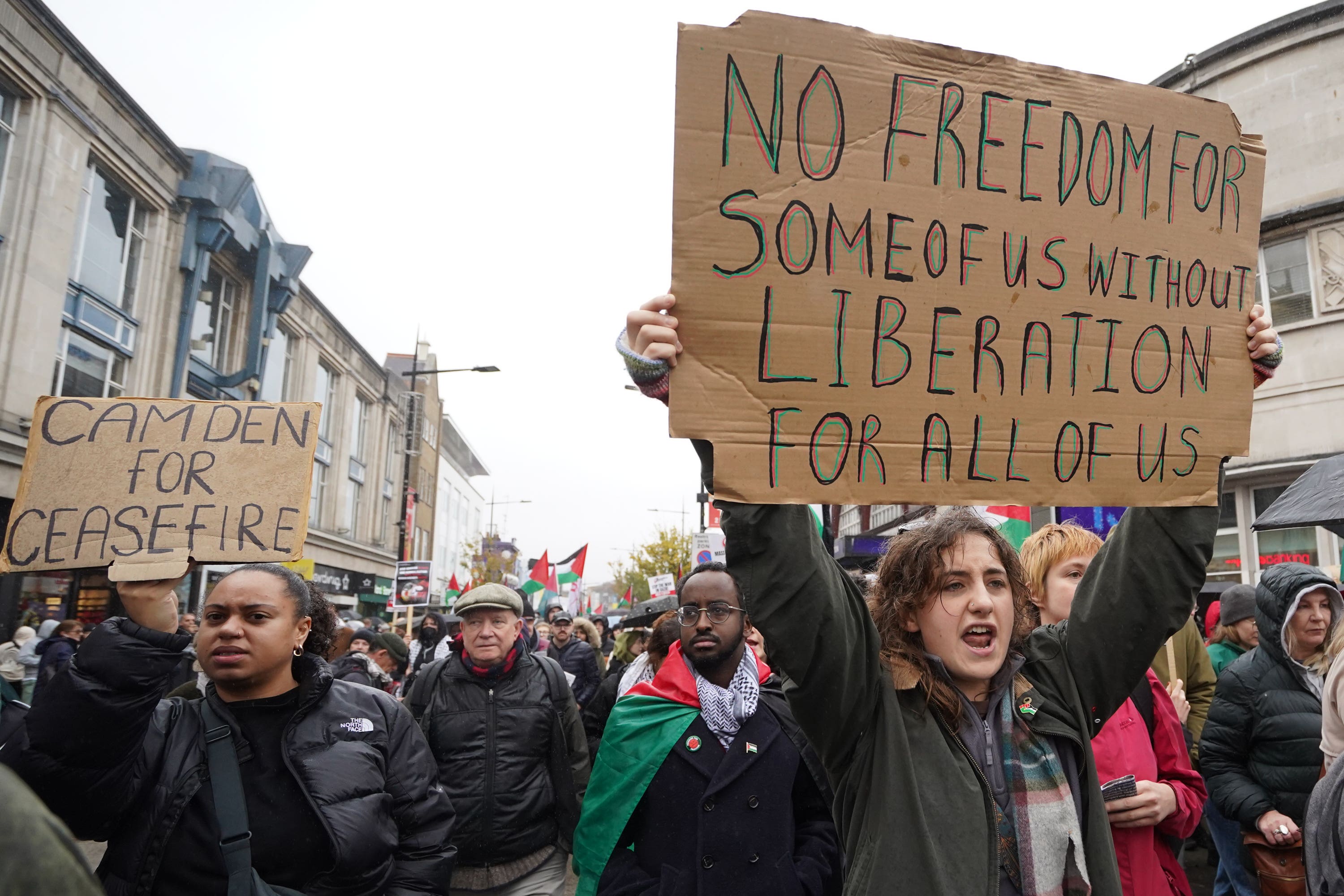 People march through Camden Town, in north west London, during a Palestine Day of Action demonstration (Stefan Rousseau/PA)