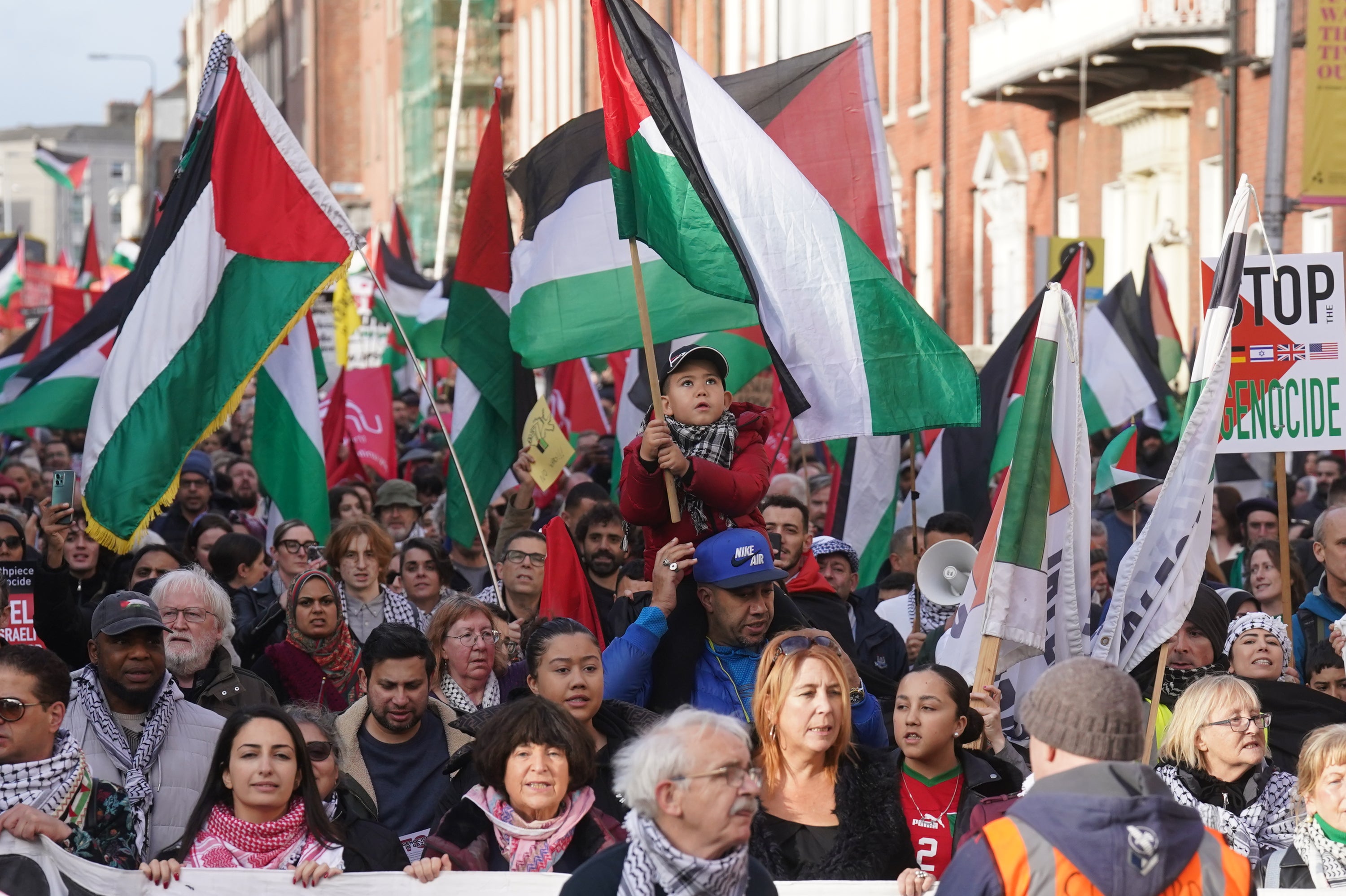 Protesters in Parnell Square, Dublin, during a pro-Palestine rally, demanding a ceasefire in the Israel-Hamas conflict