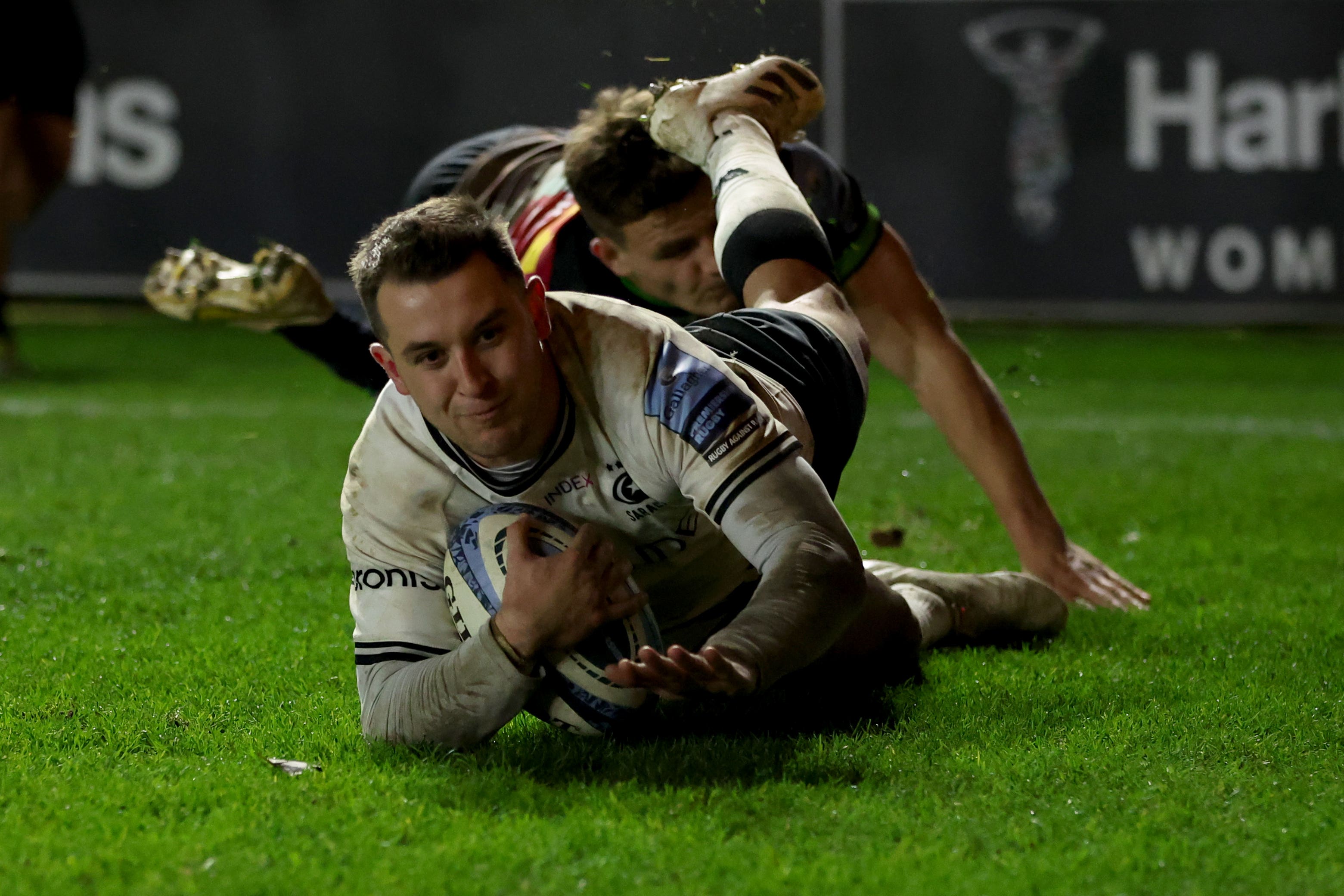 Tom Parton crosses for Saracens (Steven Paston/PA)