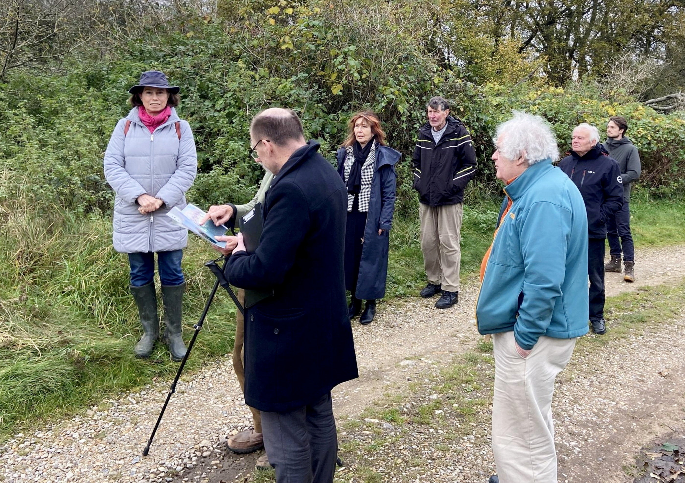 The Council Inspector (2nd from left) surveys the site, joined by Ros Emrys-Roberts, representing the Norfolk Ramblers (L) and Sine Garvie-McInally, the homeowner (3rd from left).