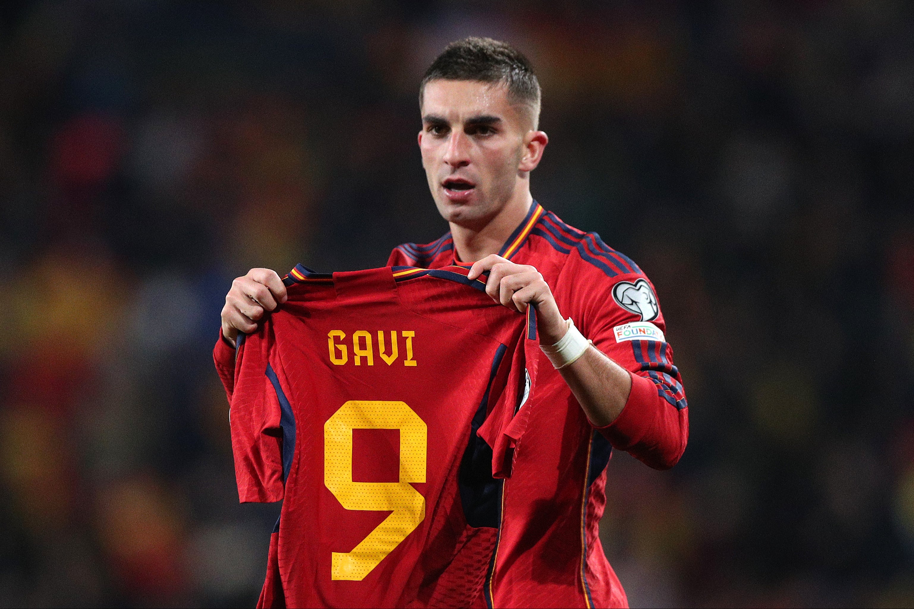 Ferran Torres held up his teammate’s shirt after scoring for Spain against Georgia