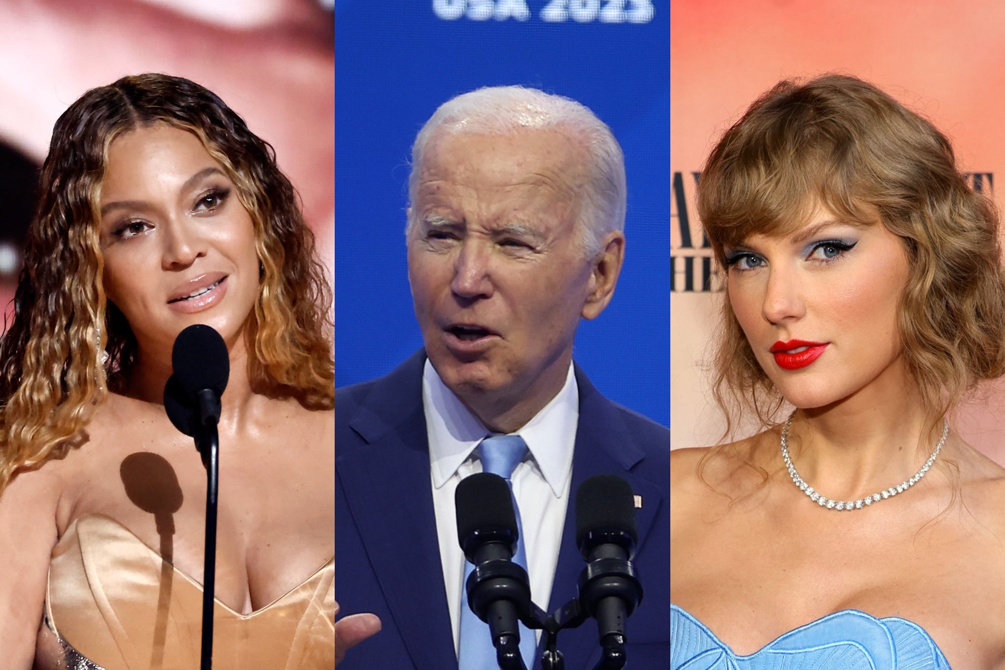(From left) Beyoncé, Joe Biden and Taylor Swift