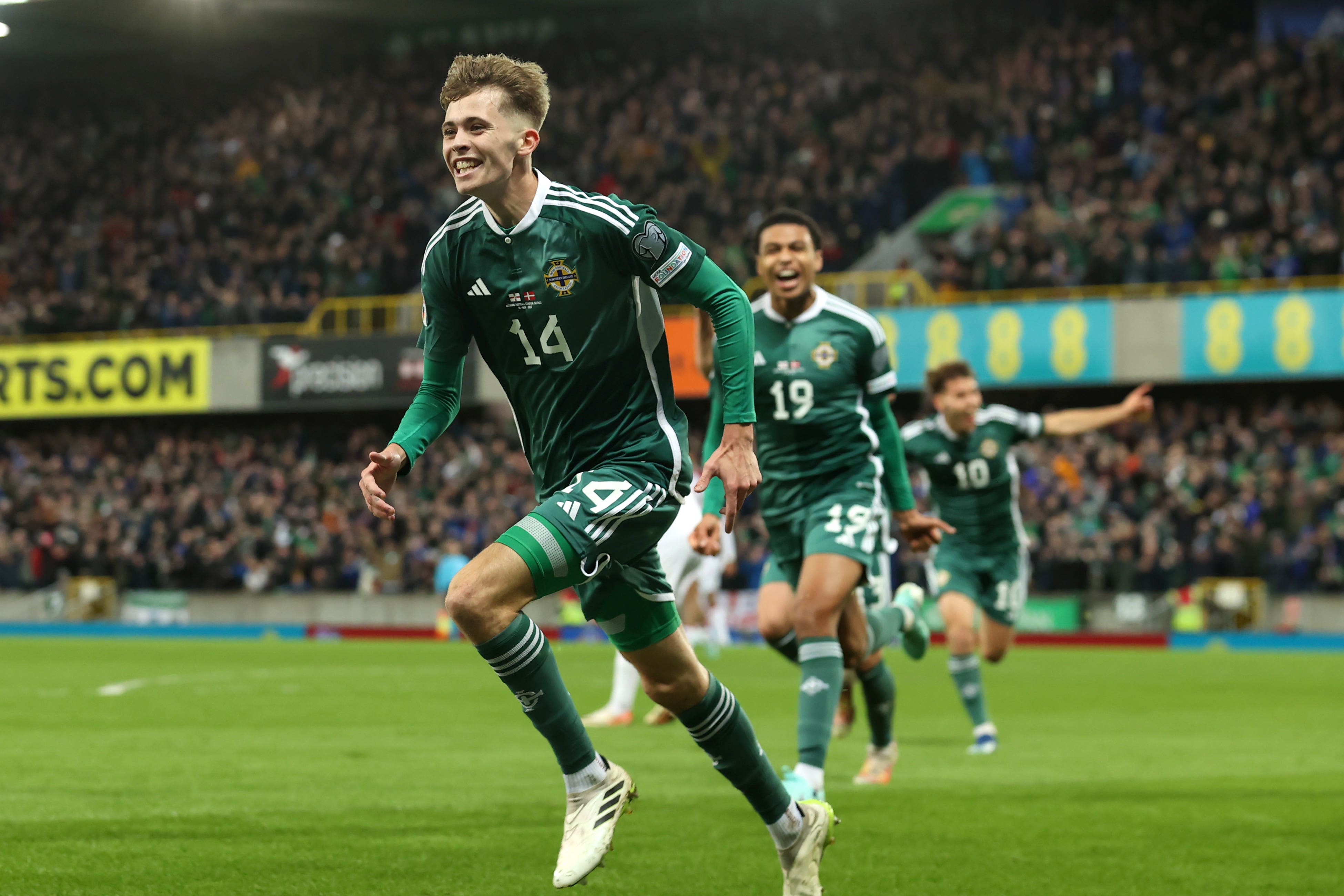 Northern Ireland’s Isaac Price celebrates his goal (Liam McBurney/PA)