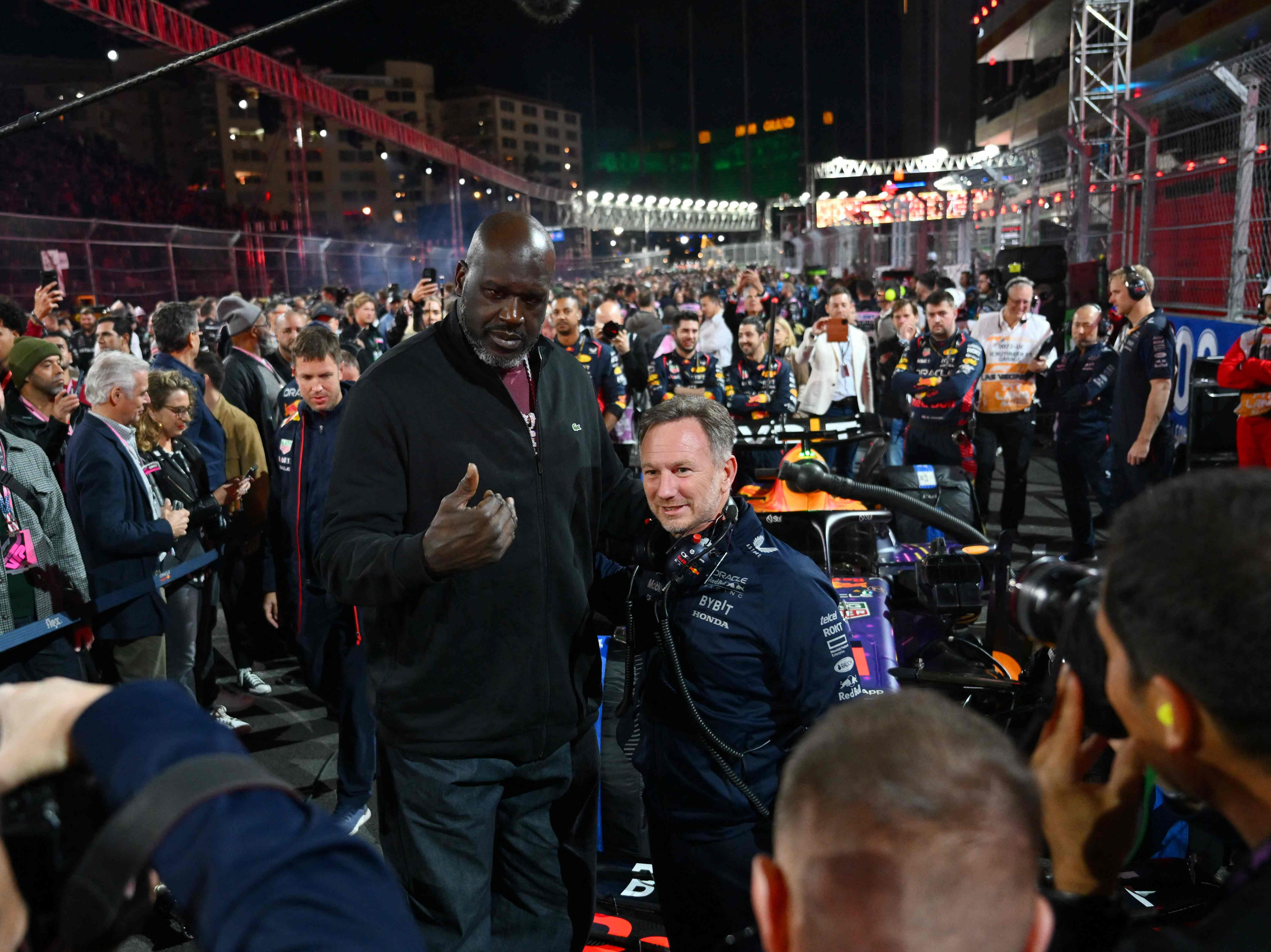 Shaquille O’Neal meets Red Bull’s Christian Horner on the Las Vegas Grand Prix grid