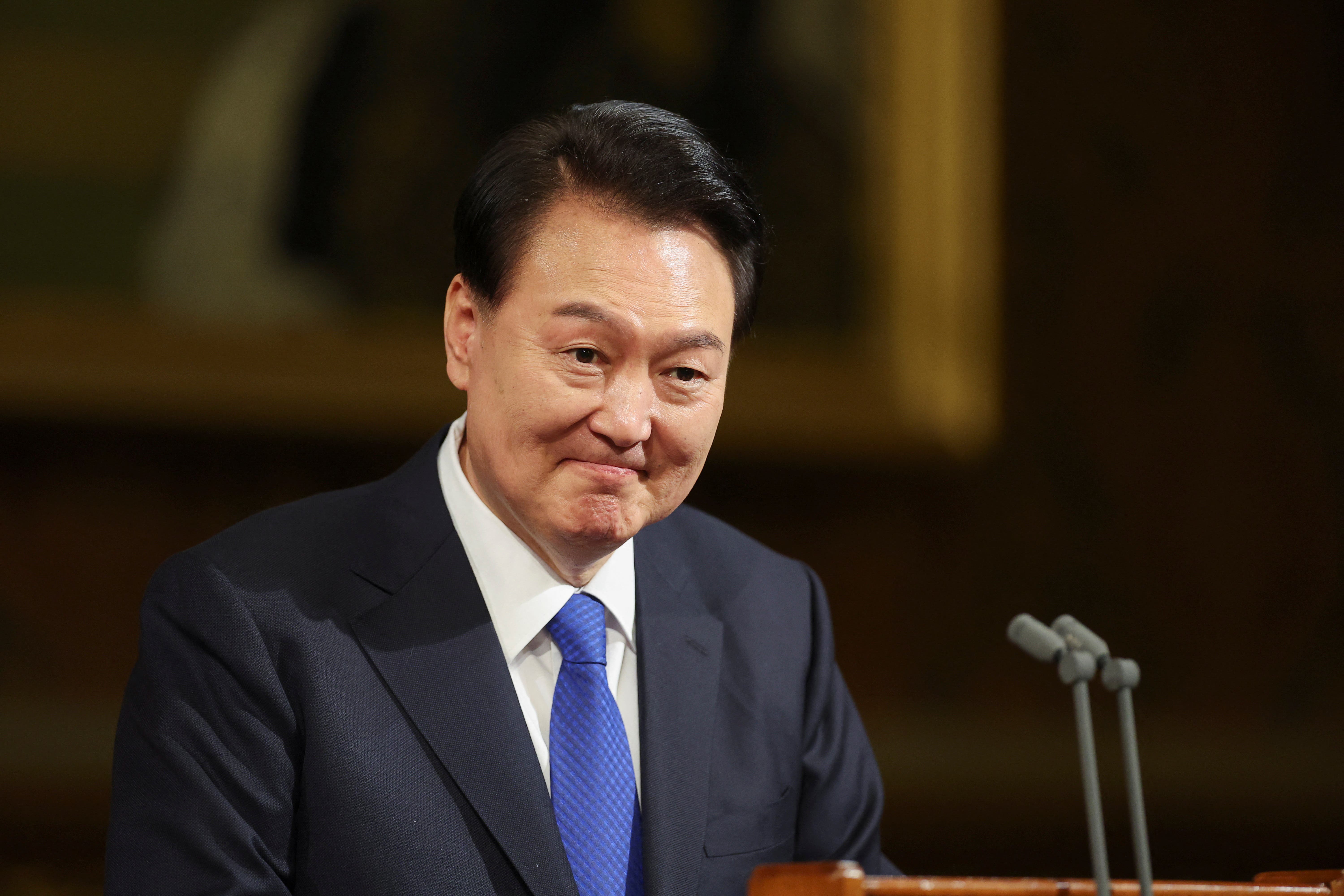 President of South Korea Yoon Suk Yeol delivers an address in the Royal Gallery at the Palace of Westminster (Hannah McKay/PA)