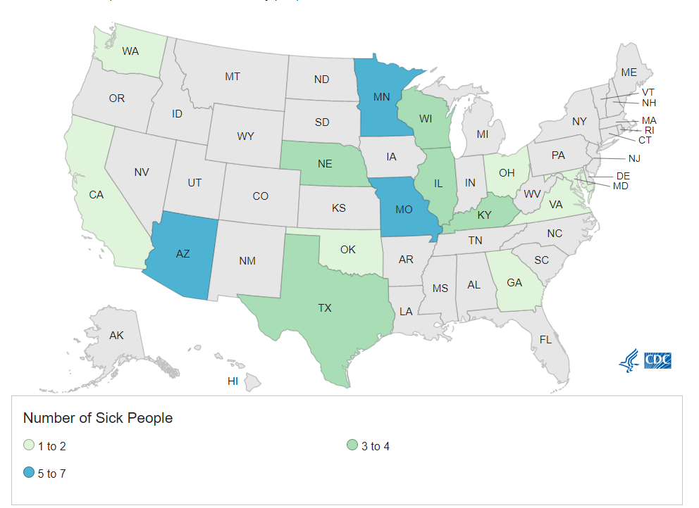 The spread of the salmonella outbreak linked to the cantaloupes in the US