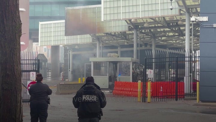 Smoke billows from Niagara Falls border crossing at Rainbow Bridge